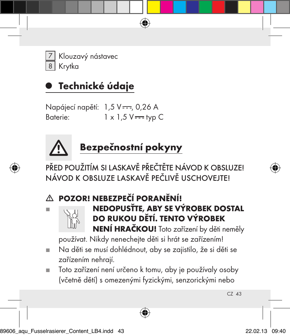 Technické údaje, Bezpečnostní pokyny | Aquapur H5773 Lint Remover User Manual | Page 43 / 67