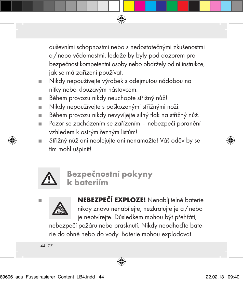 Bezpečnostní pokyny k bateriím | Aquapur H5773 Lint Remover User Manual | Page 44 / 67