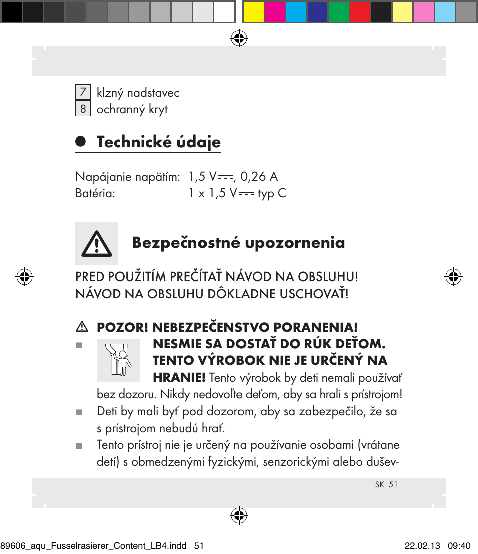 Technické údaje, Bezpečnostné upozornenia | Aquapur H5773 Lint Remover User Manual | Page 51 / 67