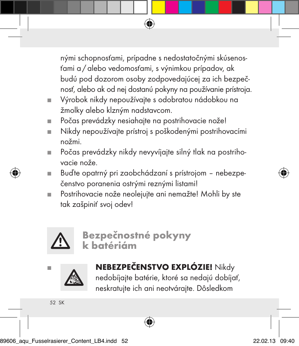 Bezpečnostné pokyny k batériám | Aquapur H5773 Lint Remover User Manual | Page 52 / 67