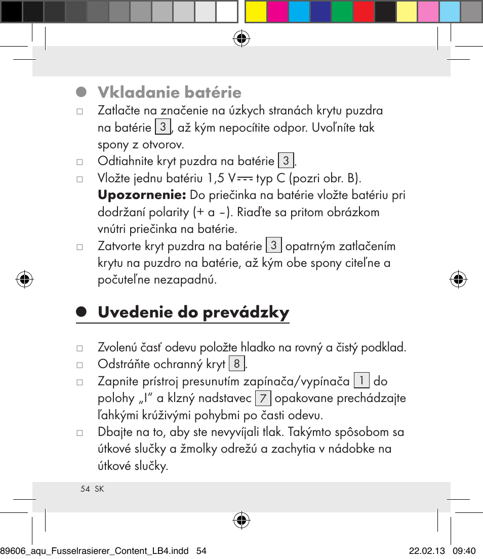 Vkladanie batérie, Uvedenie do prevádzky | Aquapur H5773 Lint Remover User Manual | Page 54 / 67