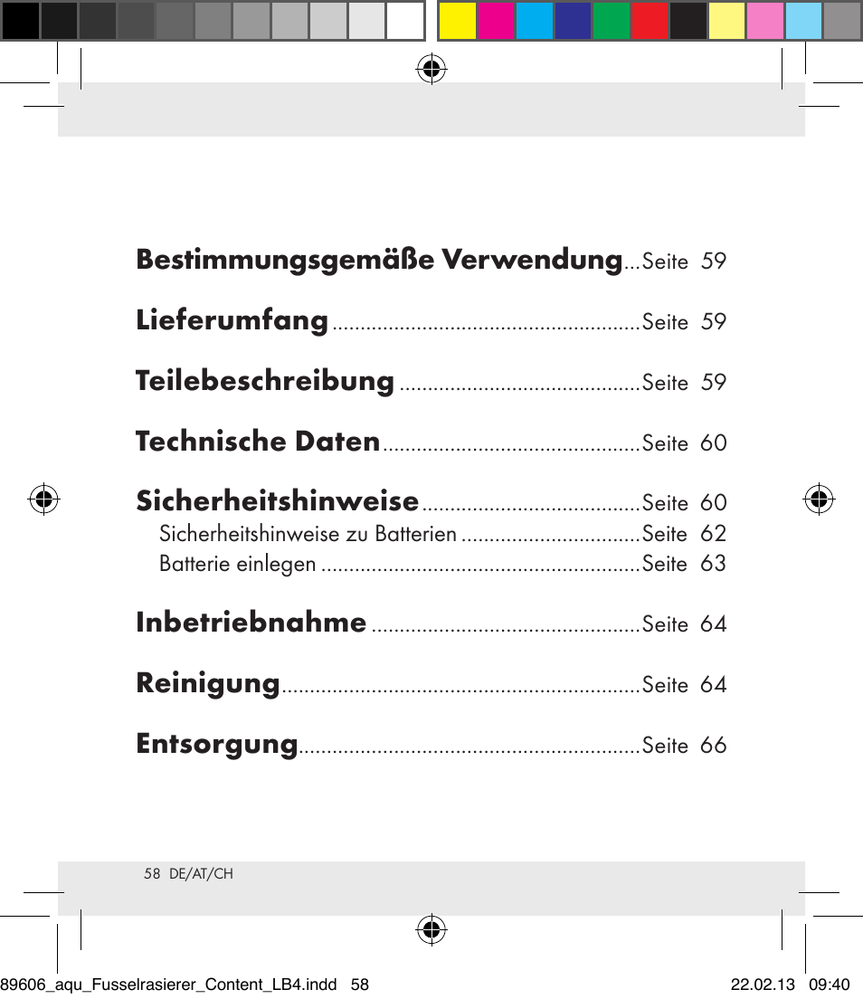 Bestimmungsgemäße verwendung, Lieferumfang, Teilebeschreibung | Technische daten, Sicherheitshinweise, Inbetriebnahme, Reinigung, Entsorgung | Aquapur H5773 Lint Remover User Manual | Page 58 / 67