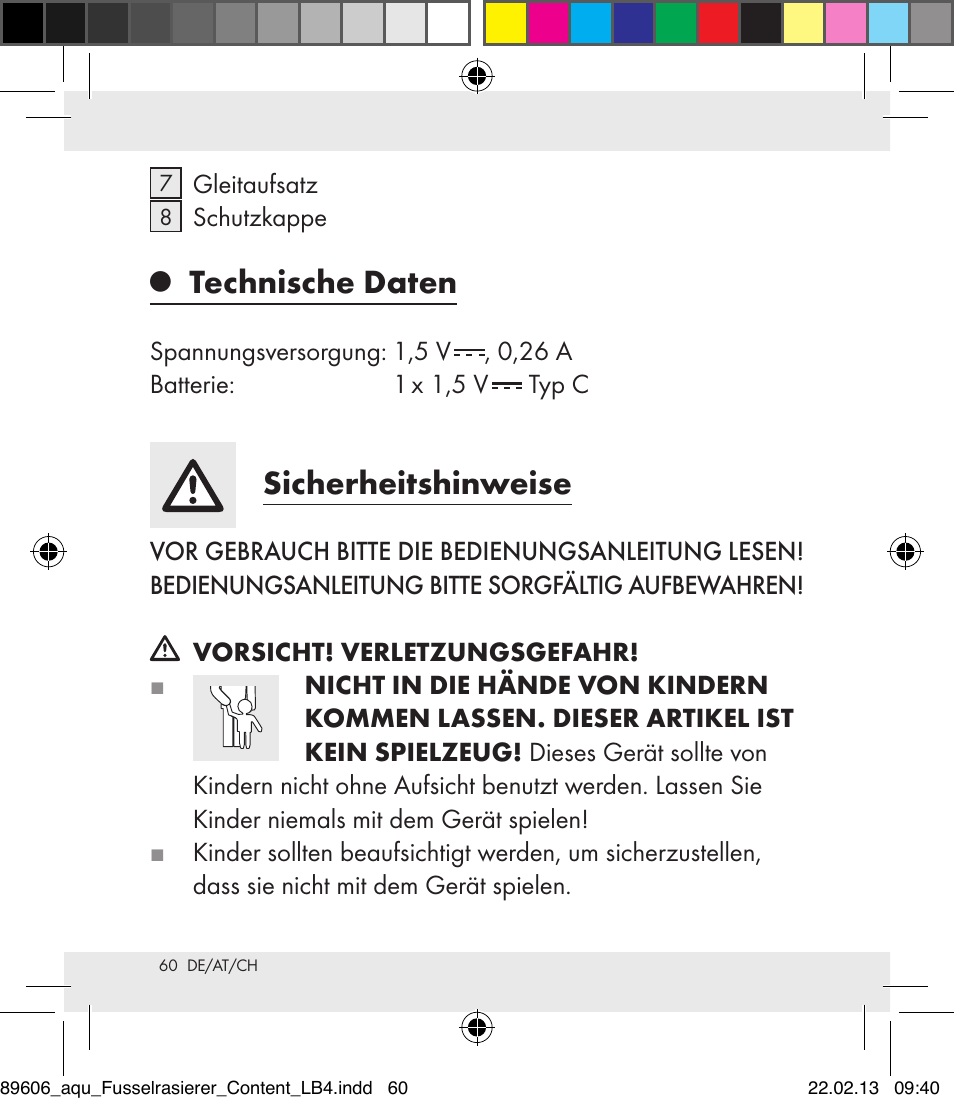 Technische daten, Sicherheitshinweise | Aquapur H5773 Lint Remover User Manual | Page 60 / 67