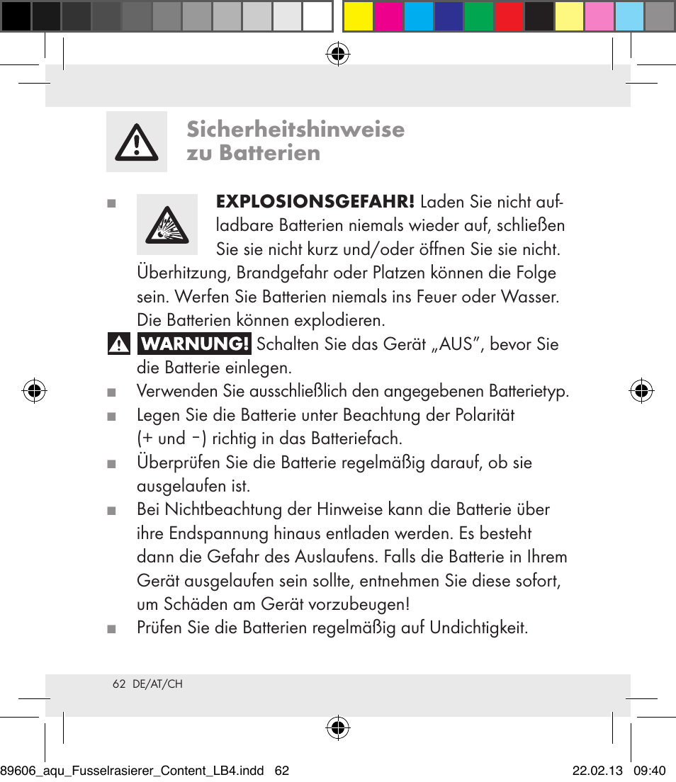 Sicherheitshinweise zu batterien | Aquapur H5773 Lint Remover User Manual | Page 62 / 67