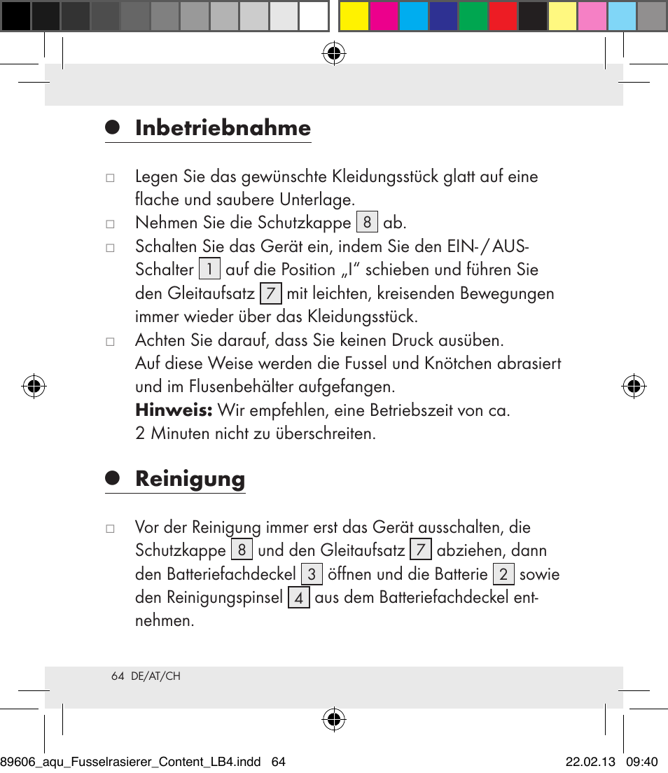 Inbetriebnahme, Reinigung | Aquapur H5773 Lint Remover User Manual | Page 64 / 67