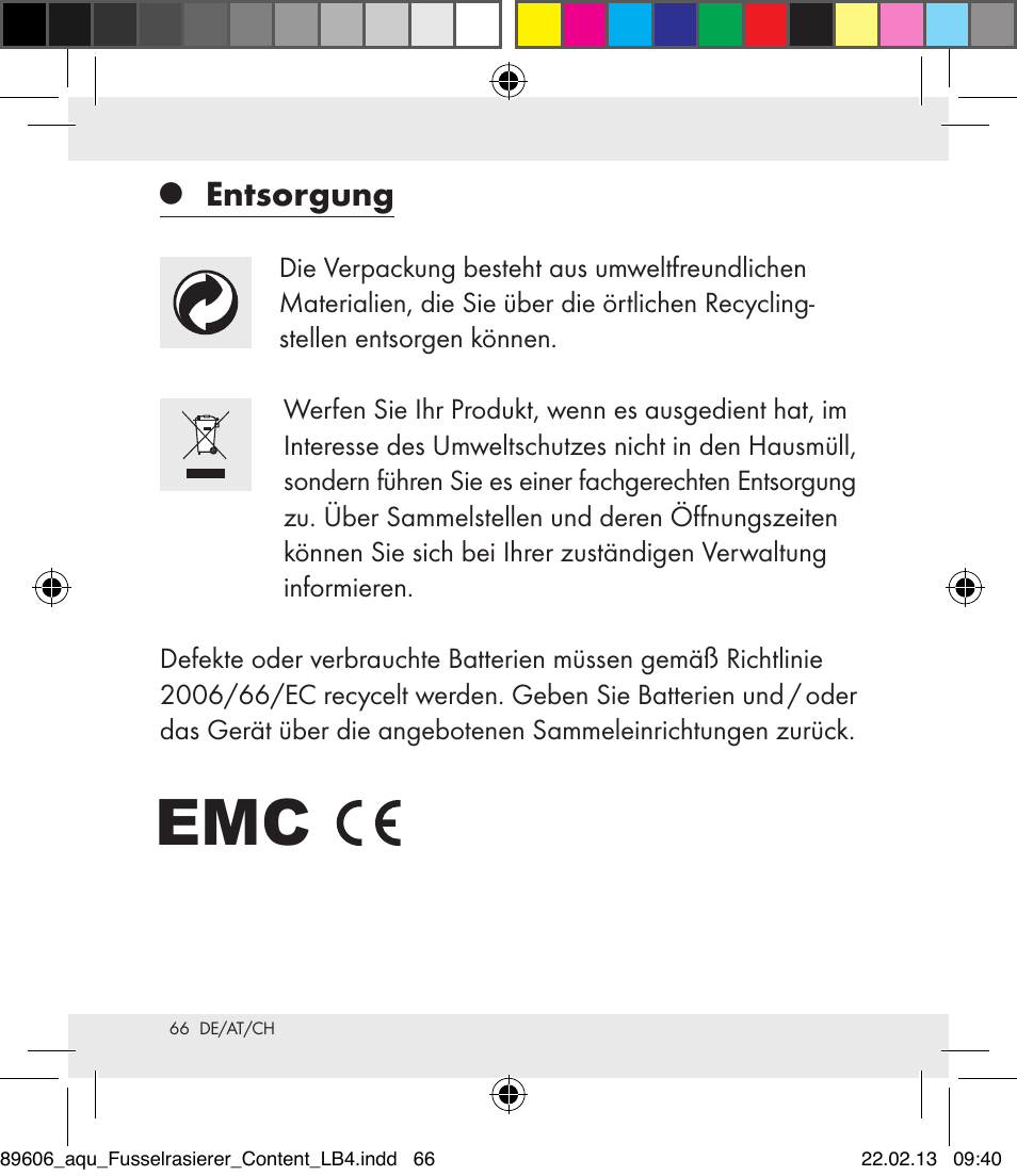 Entsorgung | Aquapur H5773 Lint Remover User Manual | Page 66 / 67