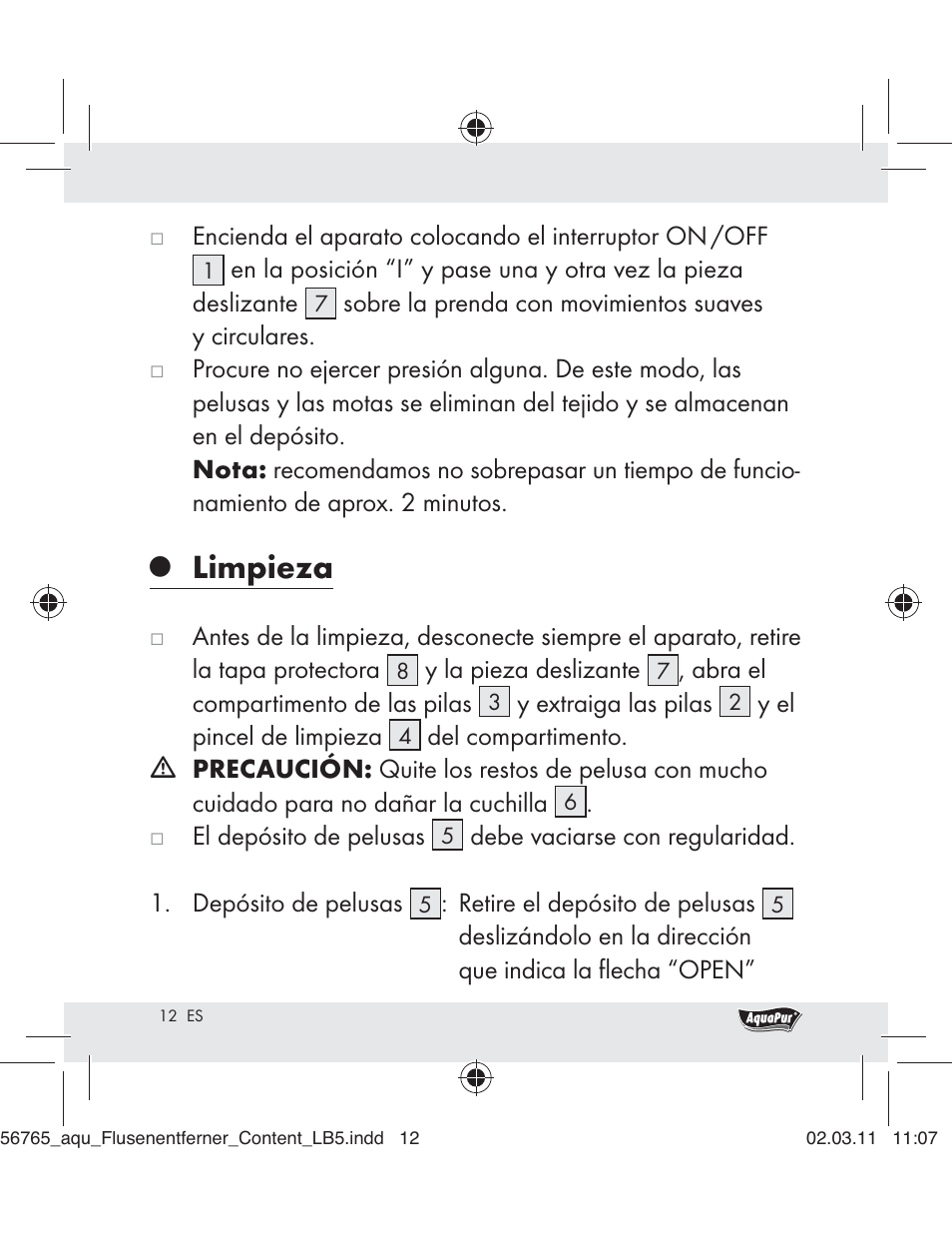 Limpieza | Aquapur H5773 Lint Remover User Manual | Page 10 / 56
