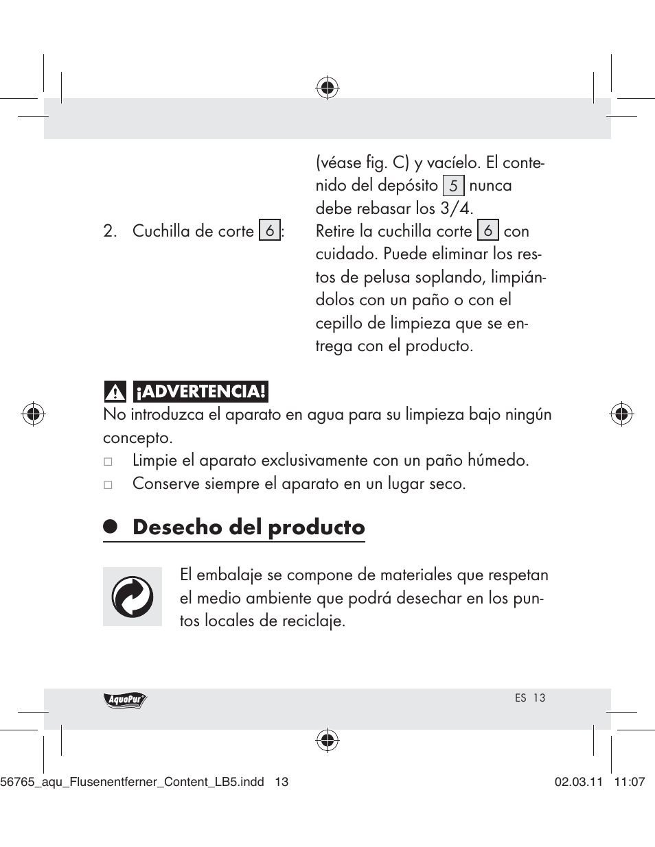 Desecho del producto | Aquapur H5773 Lint Remover User Manual | Page 11 / 56