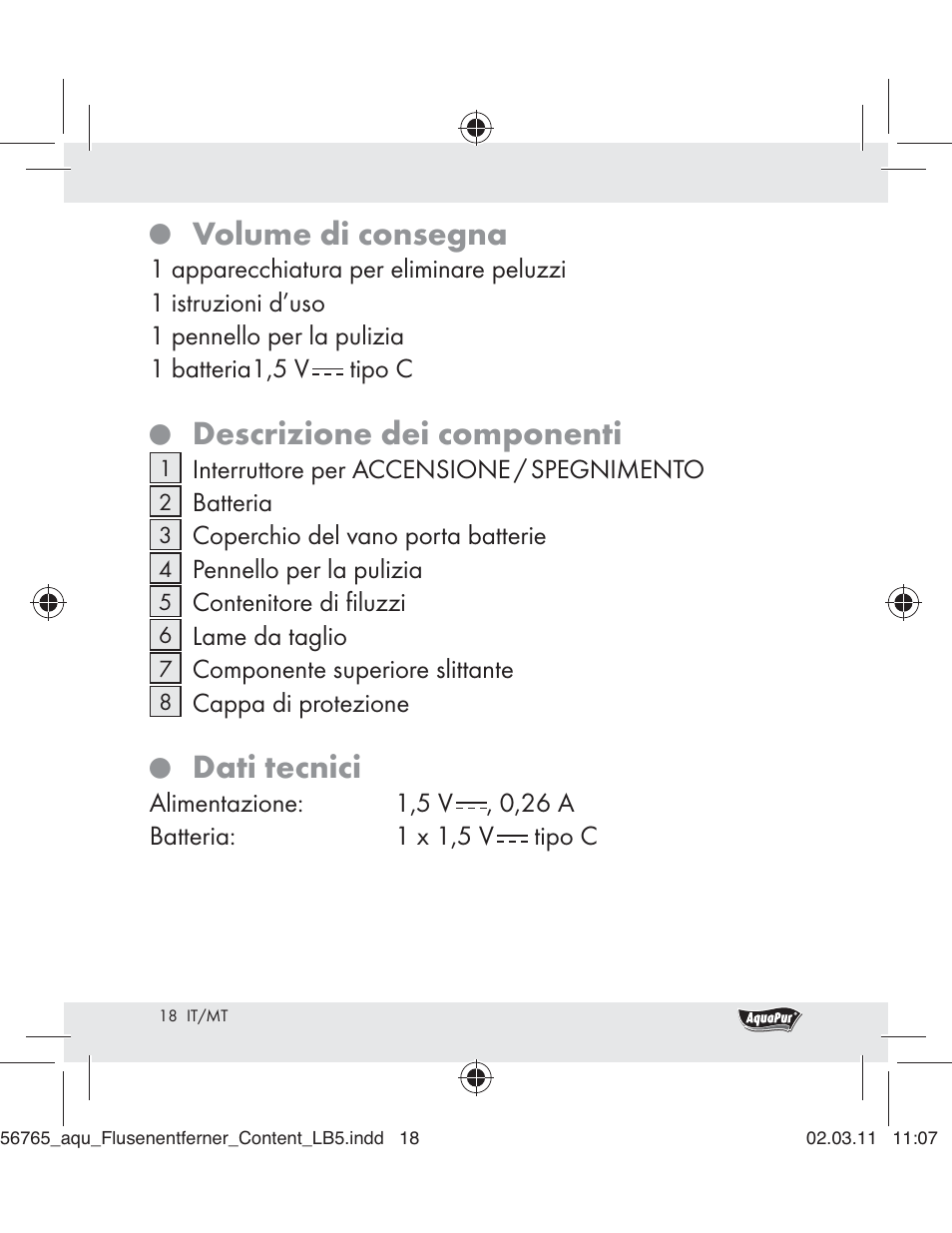 Volume di consegna, Descrizione dei componenti, Dati tecnici | Aquapur H5773 Lint Remover User Manual | Page 16 / 56