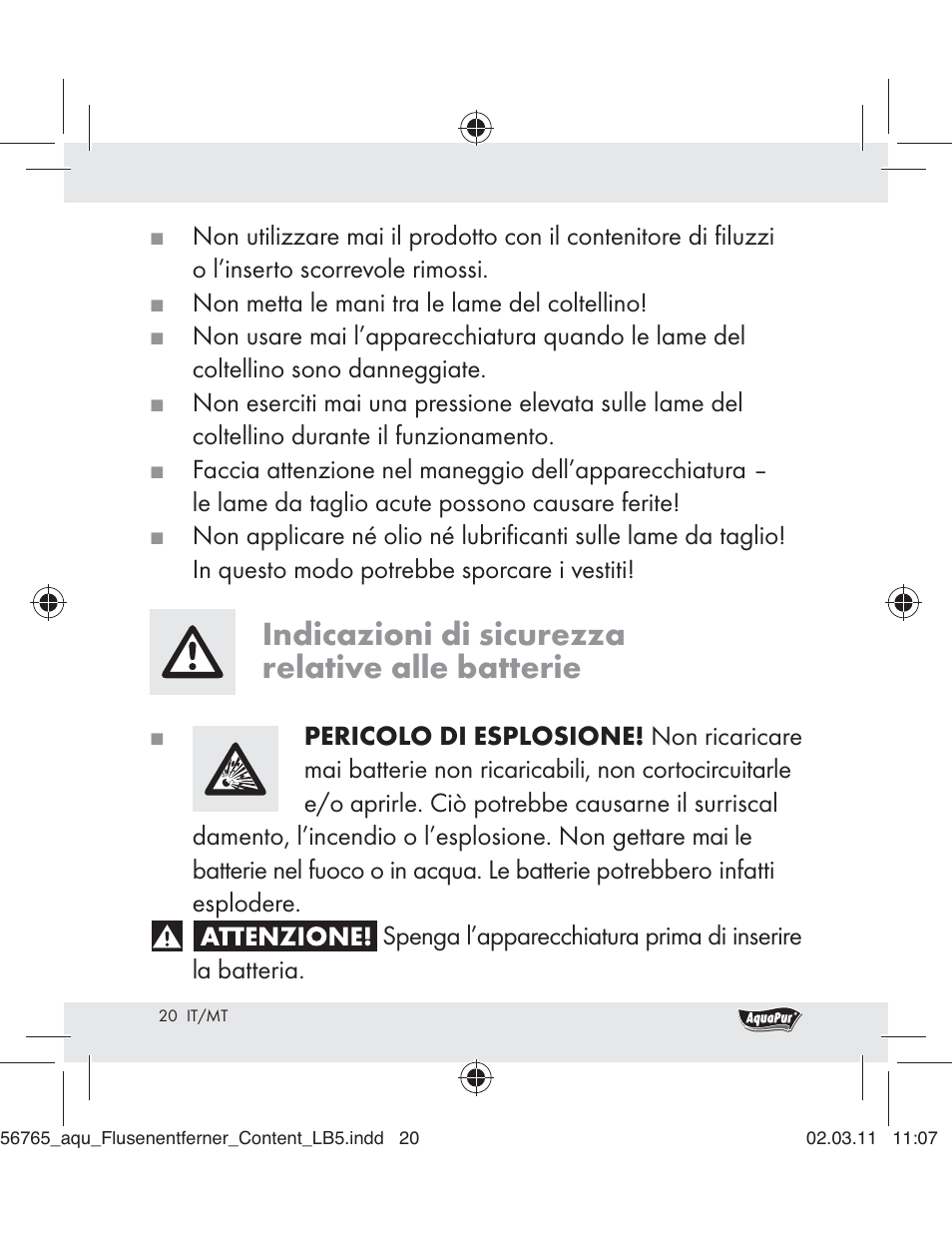 Indicazioni di sicurezza relative alle batterie | Aquapur H5773 Lint Remover User Manual | Page 18 / 56