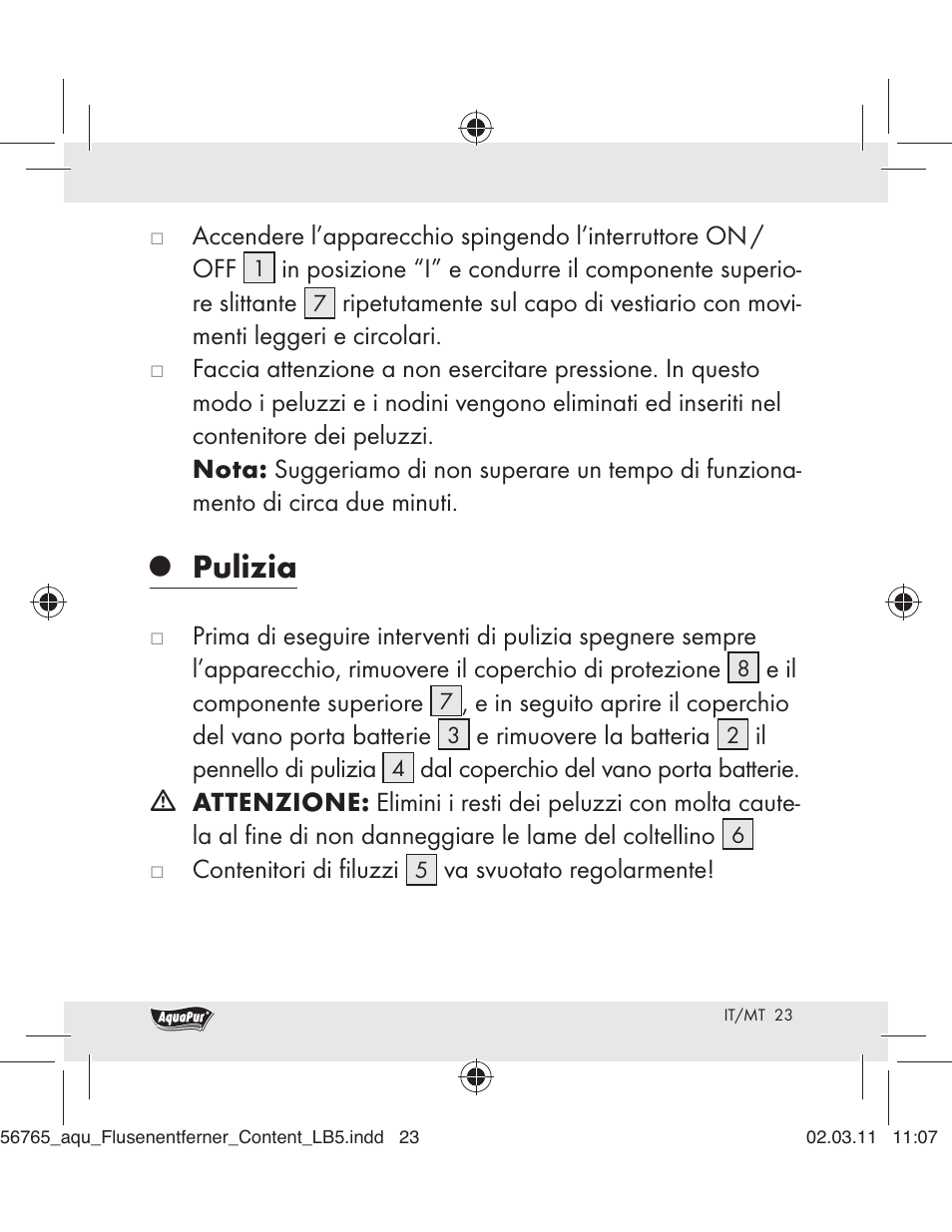 Pulizia | Aquapur H5773 Lint Remover User Manual | Page 21 / 56