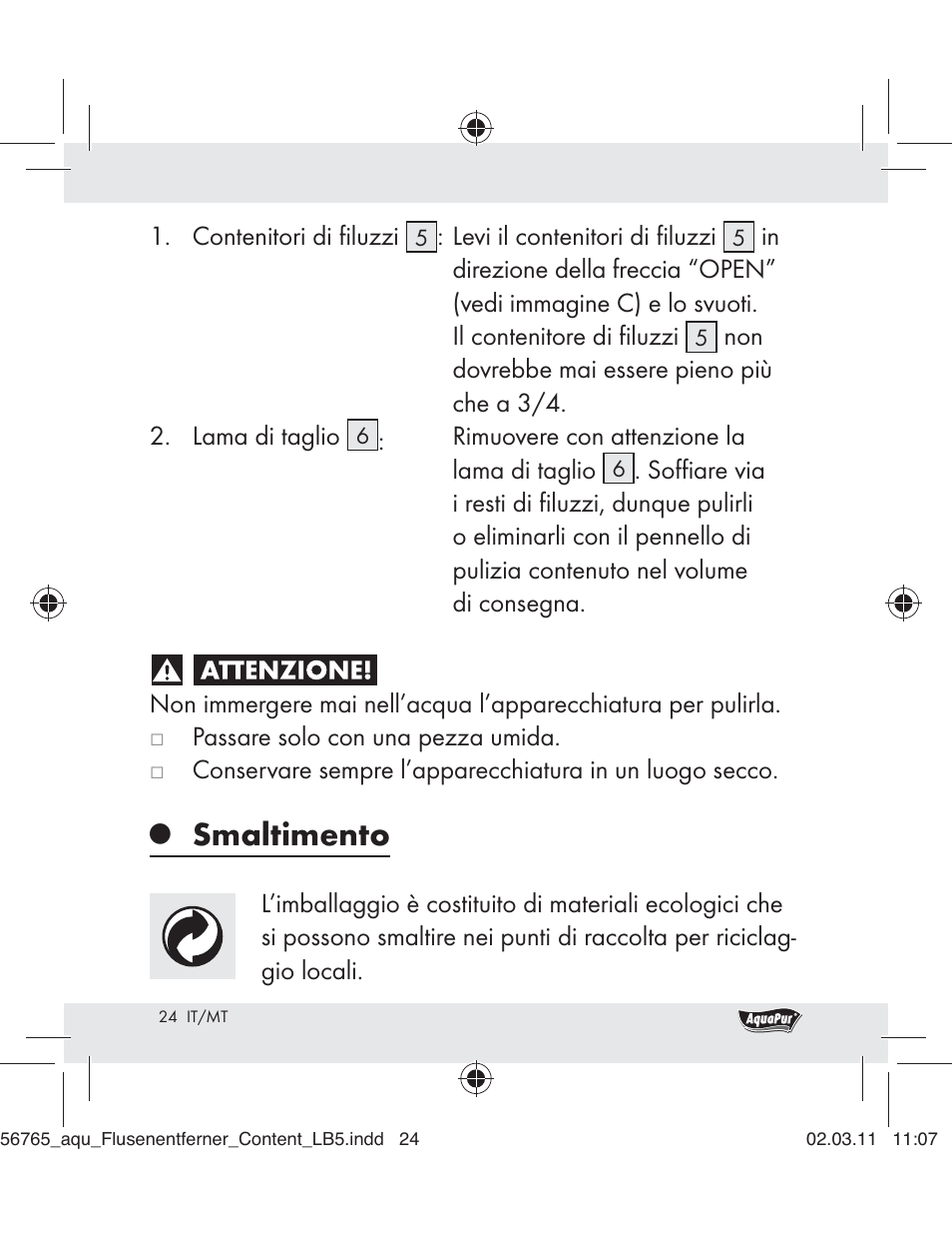 Smaltimento | Aquapur H5773 Lint Remover User Manual | Page 22 / 56