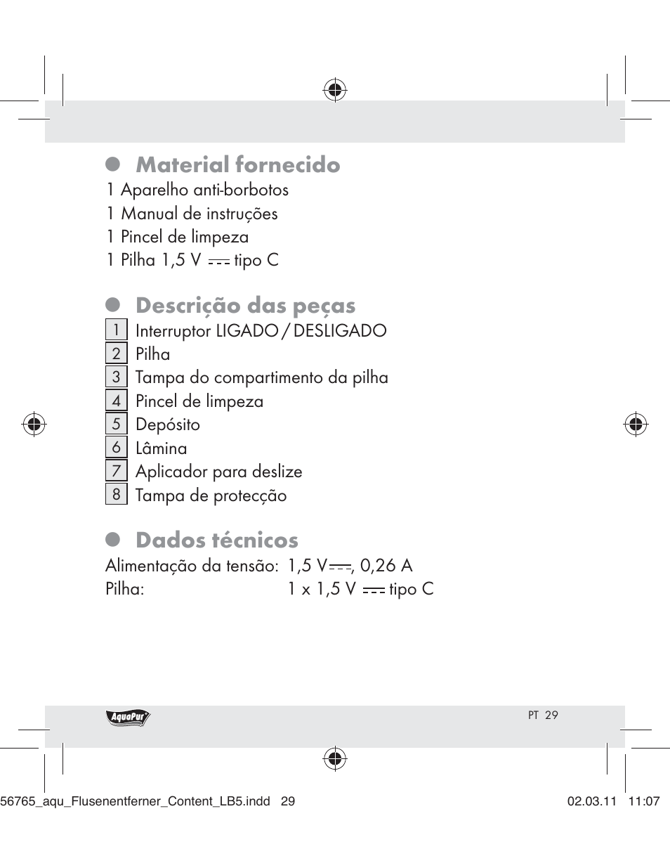 Material fornecido, Descrição das peças, Dados técnicos | Aquapur H5773 Lint Remover User Manual | Page 27 / 56