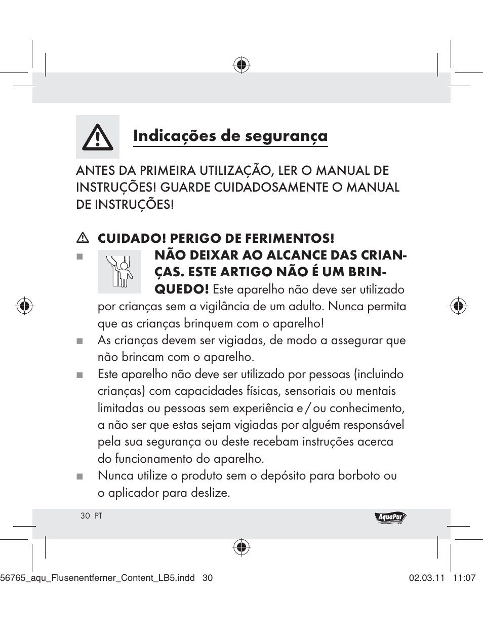 Indicações de segurança | Aquapur H5773 Lint Remover User Manual | Page 28 / 56
