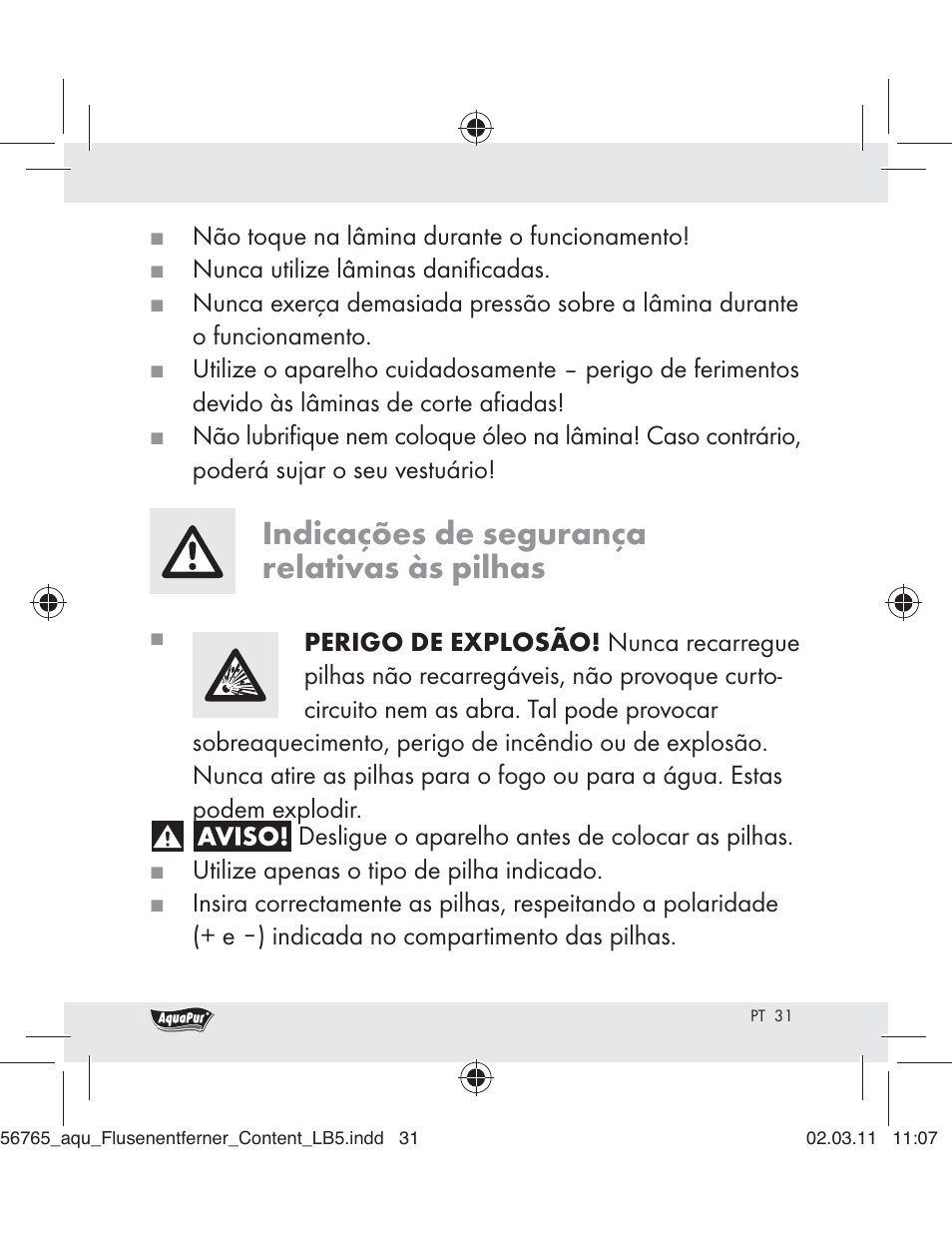 Indicações de segurança relativas às pilhas | Aquapur H5773 Lint Remover User Manual | Page 29 / 56