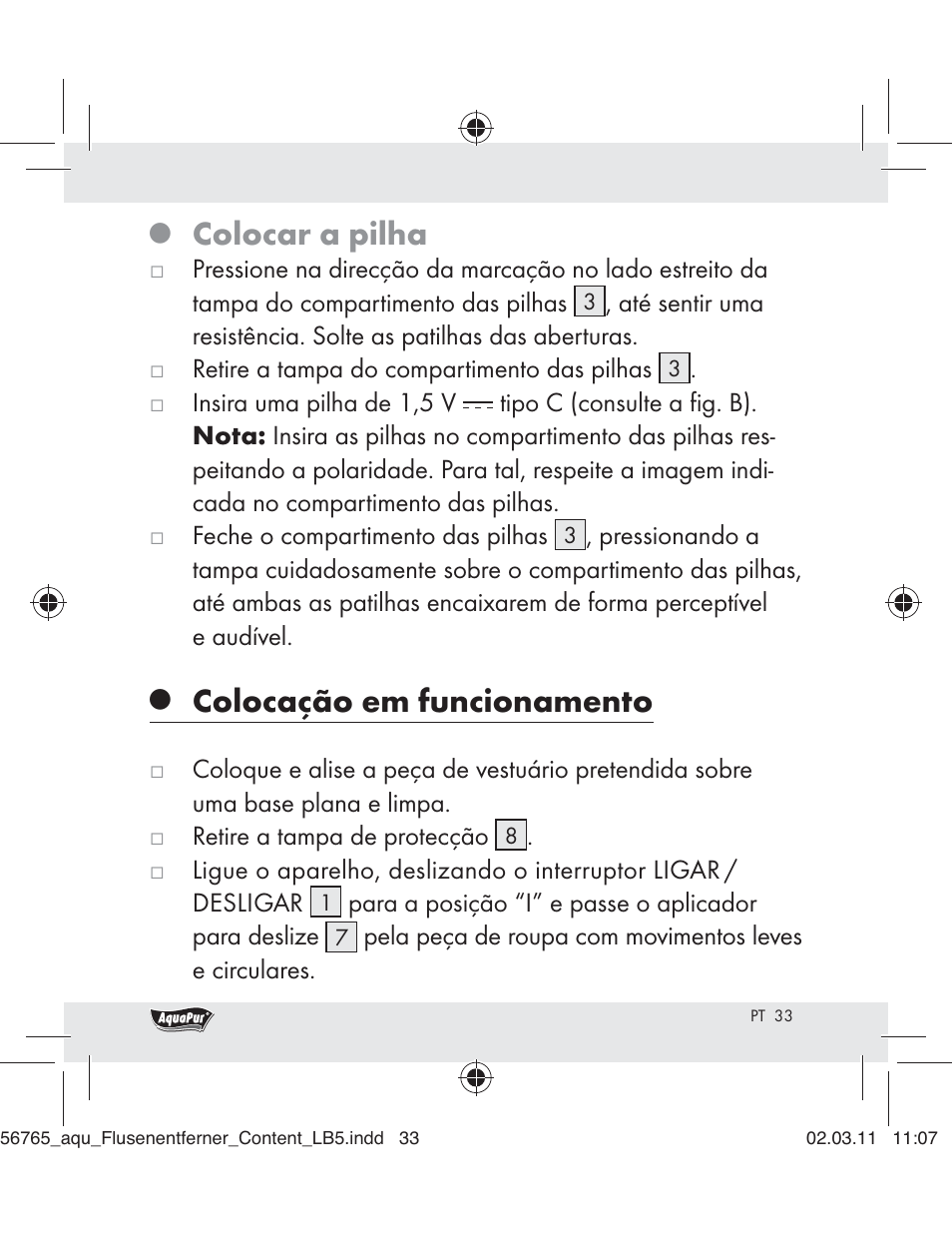 Colocar a pilha, Colocação em funcionamento | Aquapur H5773 Lint Remover User Manual | Page 31 / 56