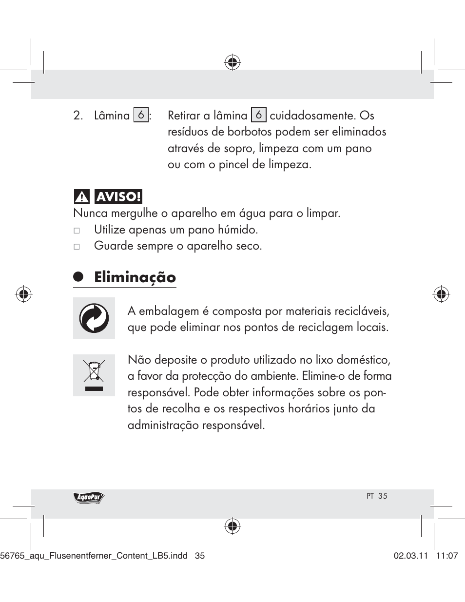 Eliminação | Aquapur H5773 Lint Remover User Manual | Page 33 / 56