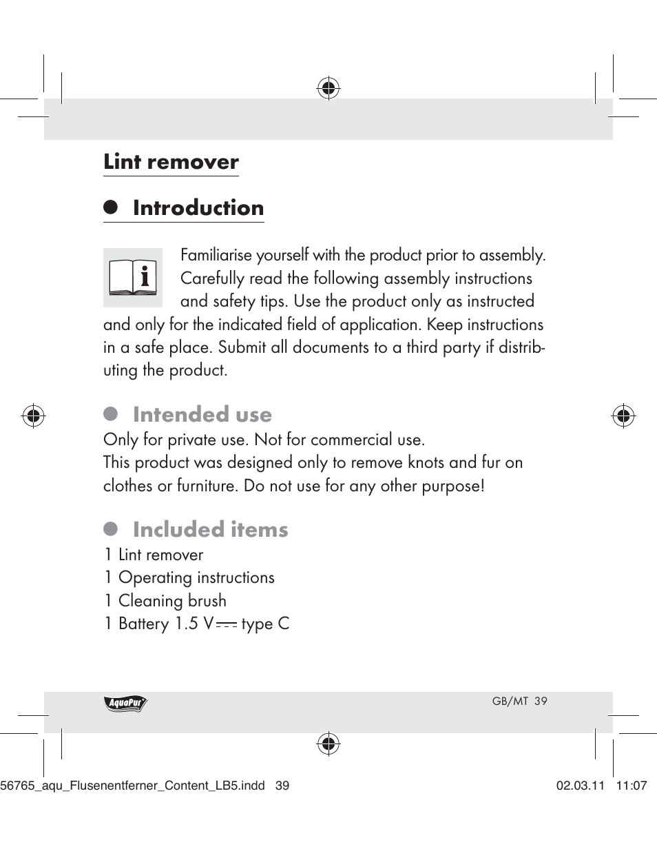 Lint remover, Introduction, Intended use | Included items | Aquapur H5773 Lint Remover User Manual | Page 37 / 56