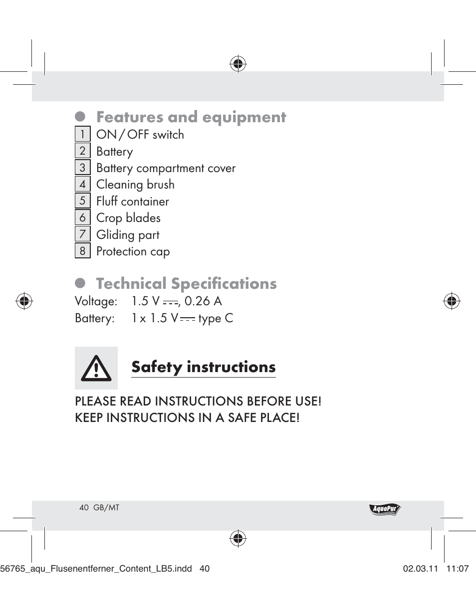 Features and equipment, Technical speciﬁcations, Safety instructions | Aquapur H5773 Lint Remover User Manual | Page 38 / 56