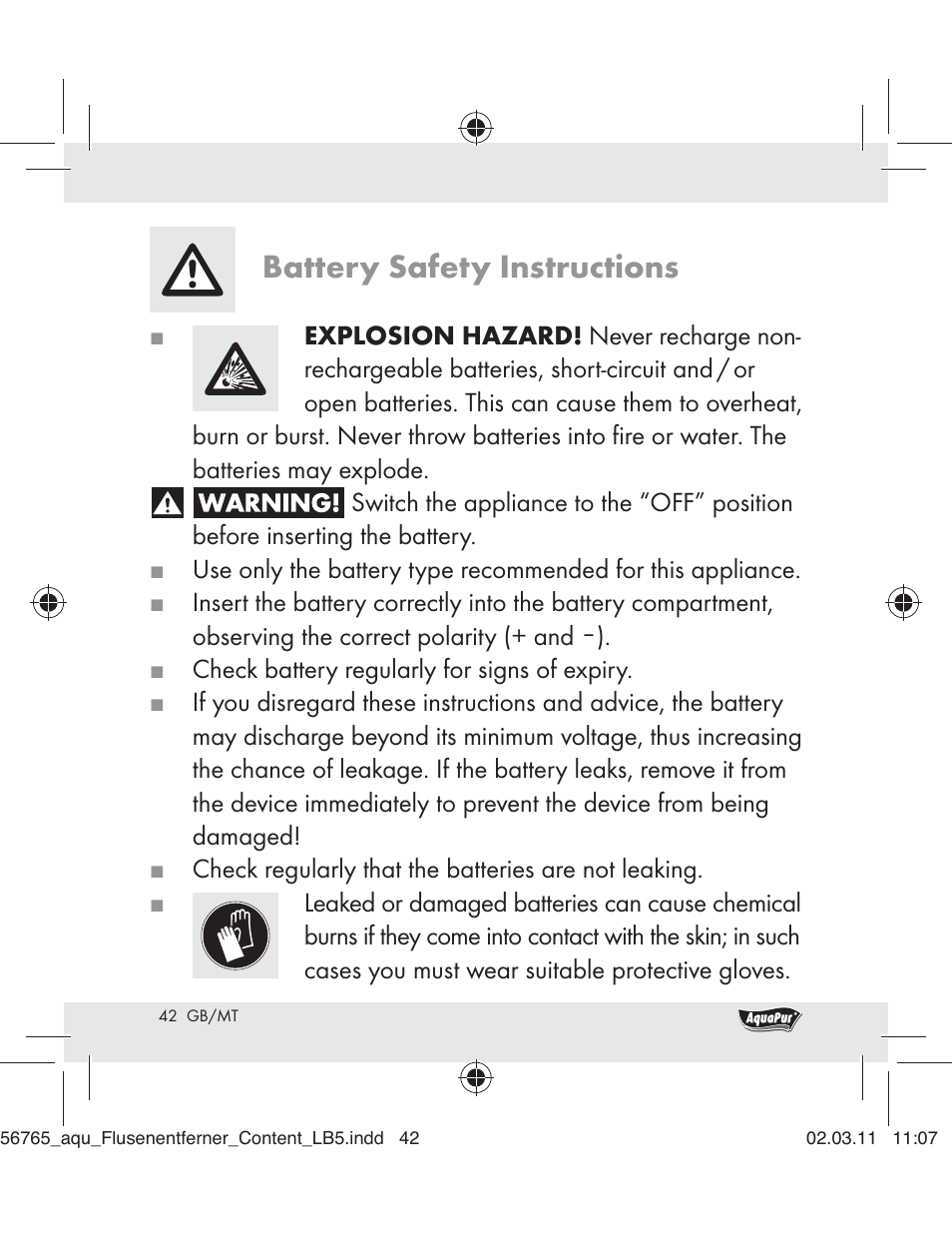 Battery safety instructions | Aquapur H5773 Lint Remover User Manual | Page 40 / 56
