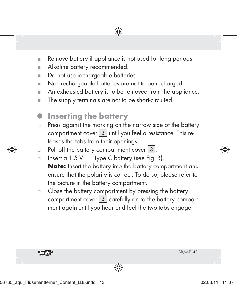 Inserting the battery | Aquapur H5773 Lint Remover User Manual | Page 41 / 56