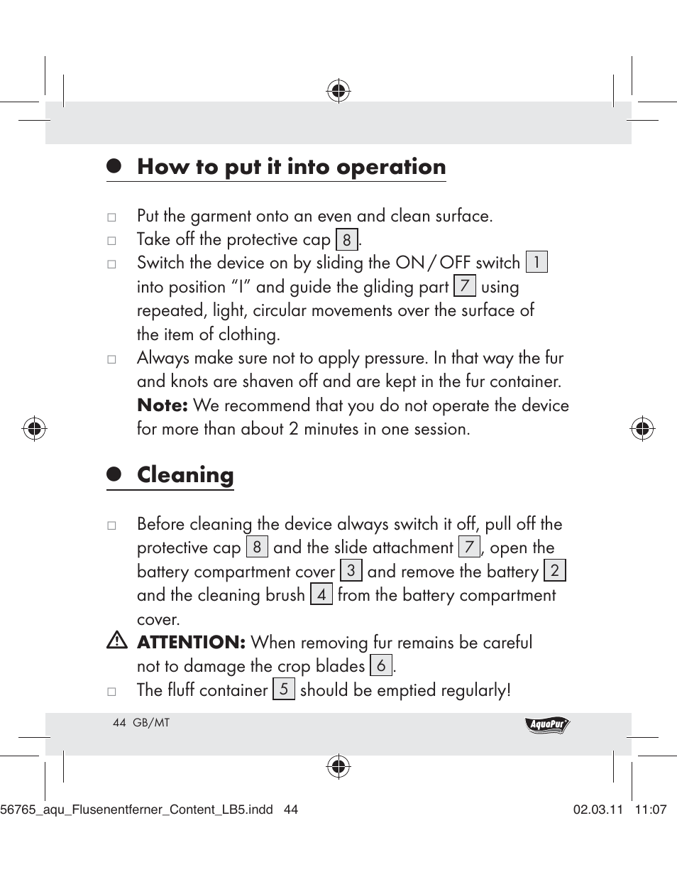How to put it into operation, Cleaning | Aquapur H5773 Lint Remover User Manual | Page 42 / 56