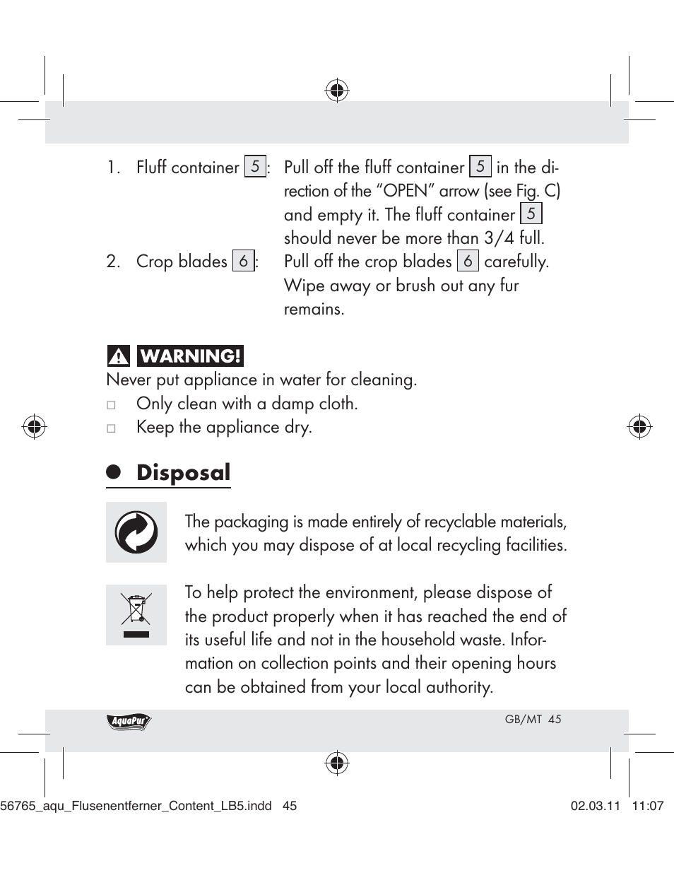 Disposal | Aquapur H5773 Lint Remover User Manual | Page 43 / 56