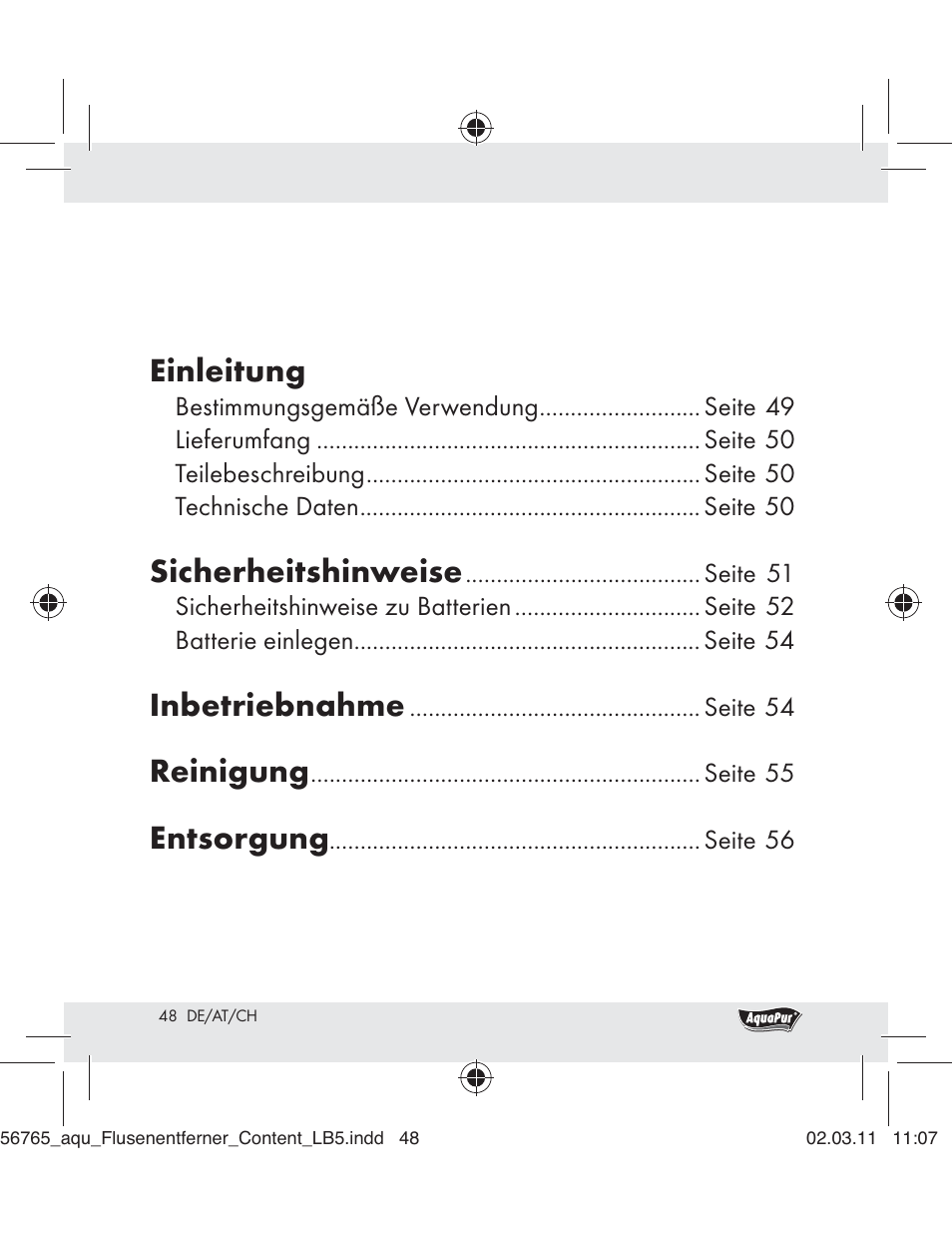 Einleitung, Sicherheitshinweise, Inbetriebnahme | Reinigung, Entsorgung | Aquapur H5773 Lint Remover User Manual | Page 46 / 56