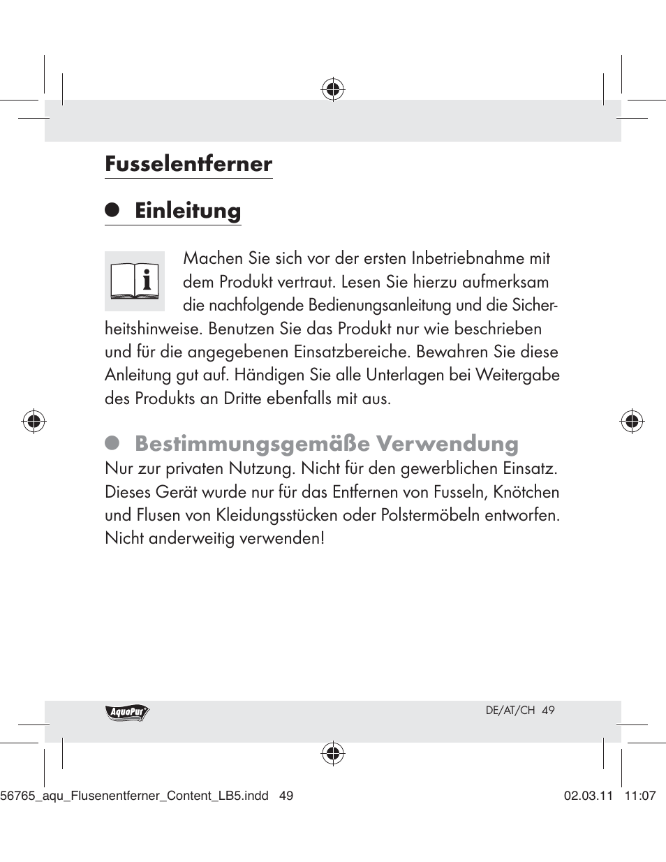 Fusselentferner, Einleitung, Bestimmungsgemäße verwendung | Aquapur H5773 Lint Remover User Manual | Page 47 / 56