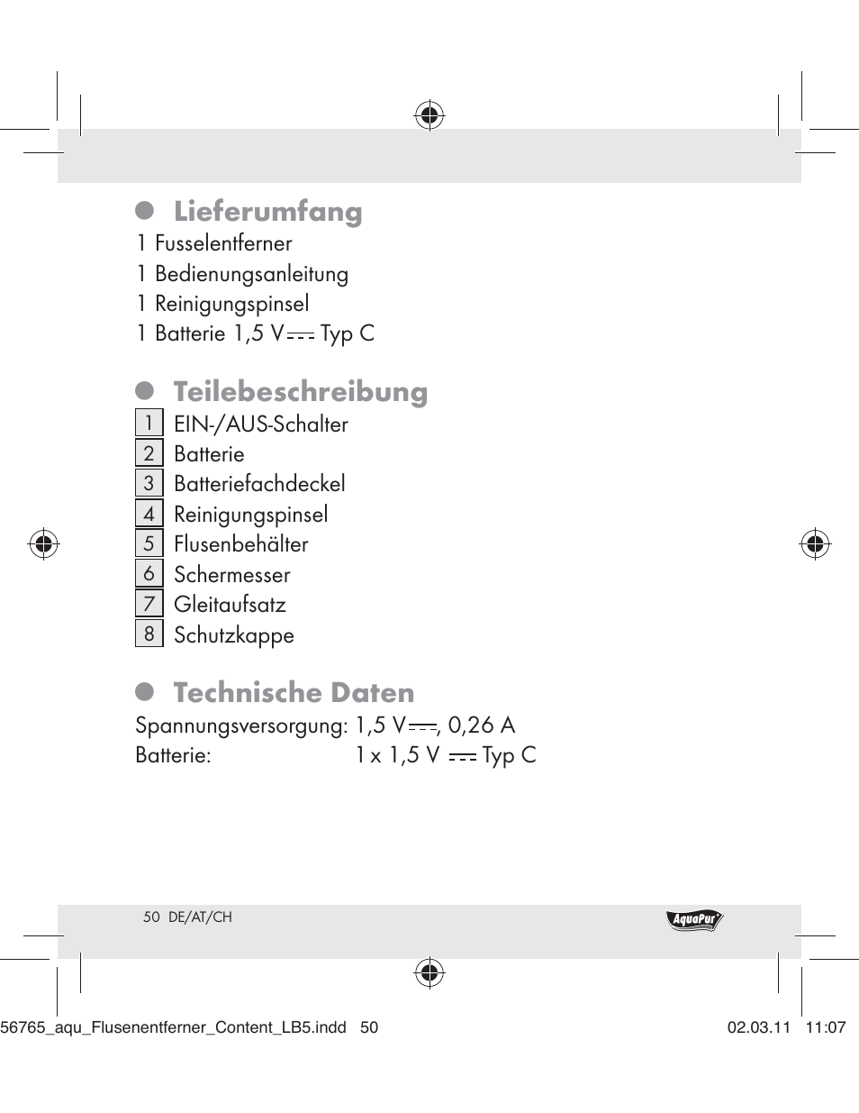 Lieferumfang, Teilebeschreibung, Technische daten | Aquapur H5773 Lint Remover User Manual | Page 48 / 56