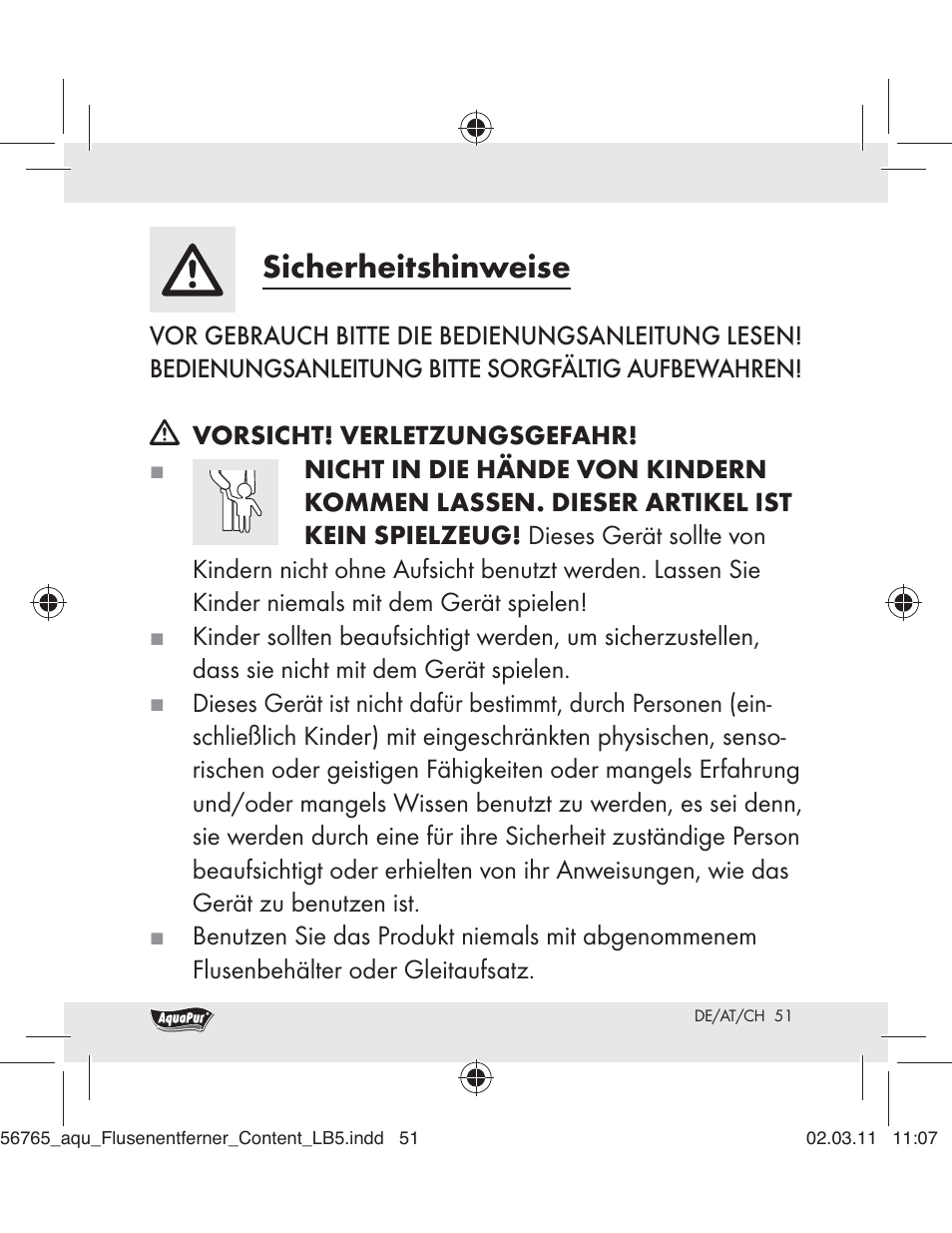 Sicherheitshinweise | Aquapur H5773 Lint Remover User Manual | Page 49 / 56