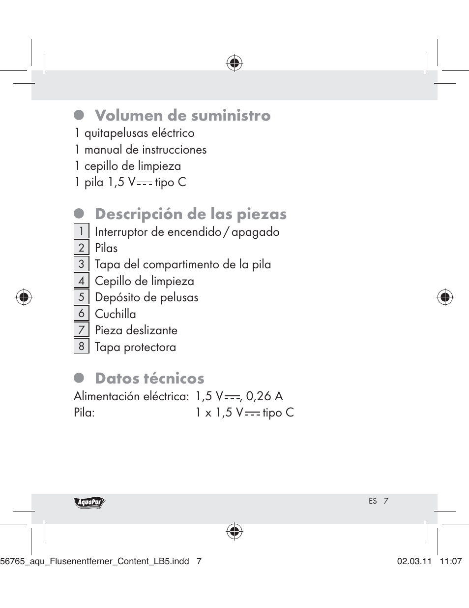Volumen de suministro, Descripción de las piezas, Datos técnicos | Aquapur H5773 Lint Remover User Manual | Page 5 / 56