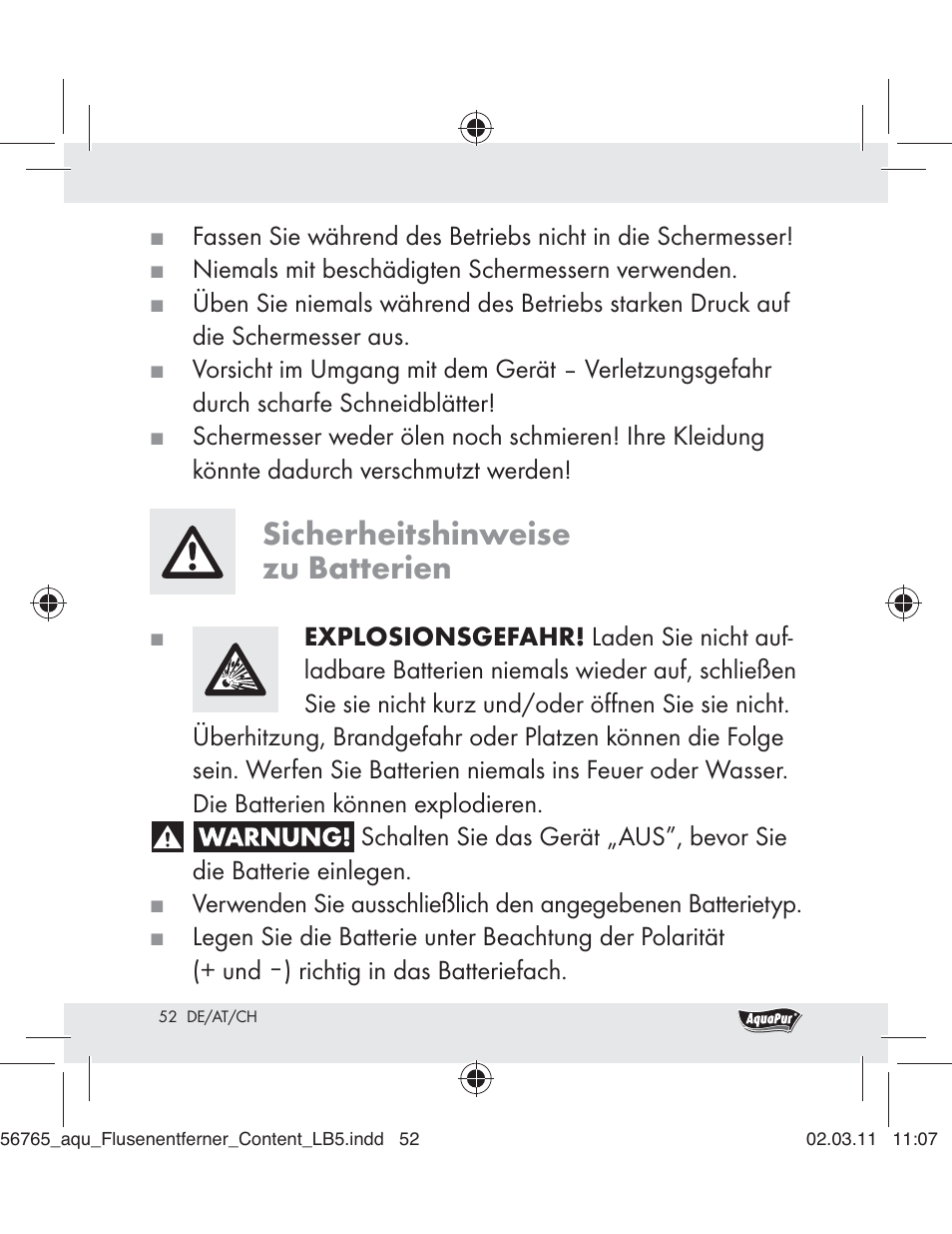 Sicherheitshinweise zu batterien | Aquapur H5773 Lint Remover User Manual | Page 50 / 56