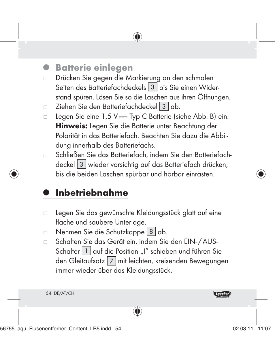 Batterie einlegen, Inbetriebnahme | Aquapur H5773 Lint Remover User Manual | Page 52 / 56