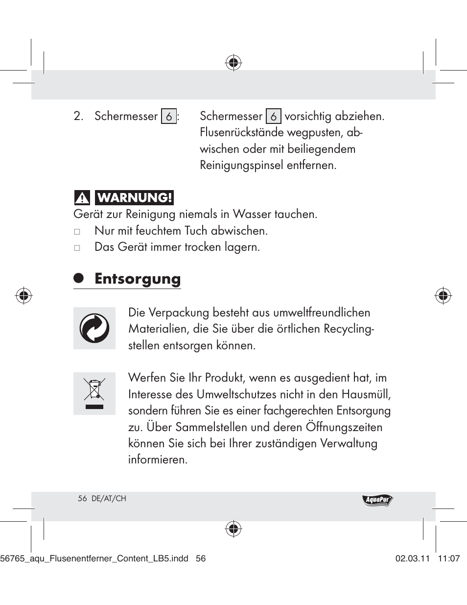 Entsorgung | Aquapur H5773 Lint Remover User Manual | Page 54 / 56