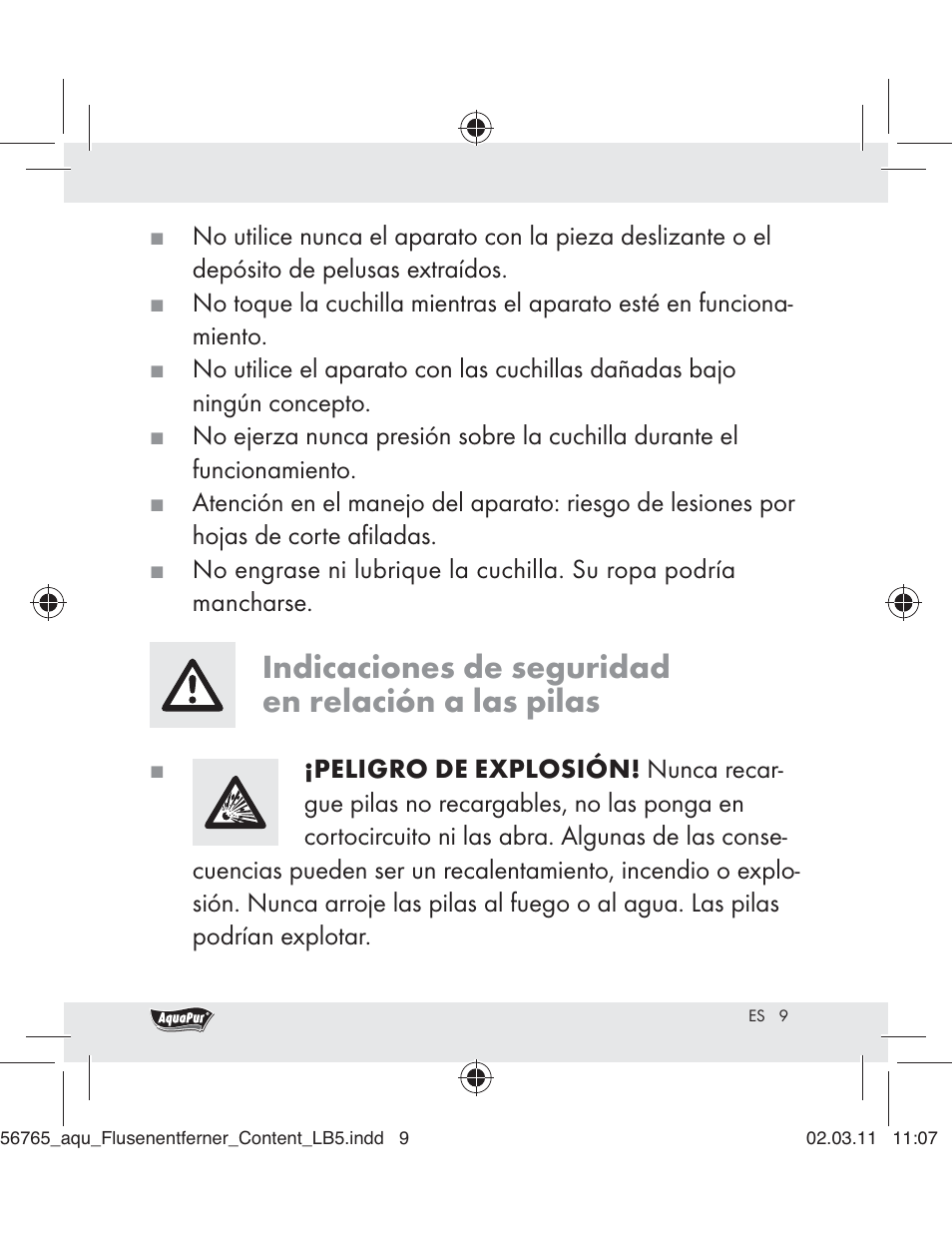 Indicaciones de seguridad en relación a las pilas | Aquapur H5773 Lint Remover User Manual | Page 7 / 56