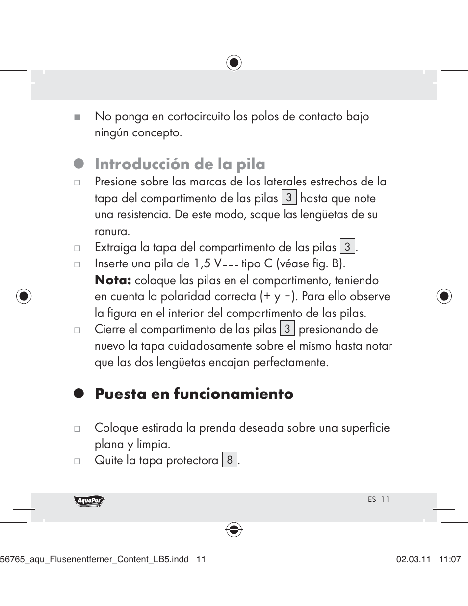 Introducción de la pila, Puesta en funcionamiento | Aquapur H5773 Lint Remover User Manual | Page 9 / 56
