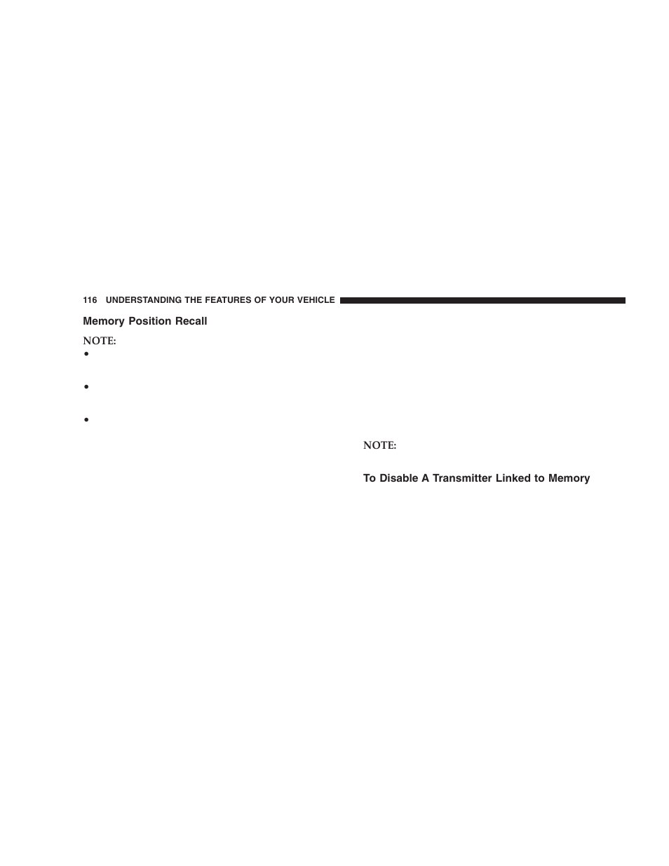 Memory position recall, To disable a transmitter linked to memory | Dodge 2005 Durango User Manual | Page 116 / 416