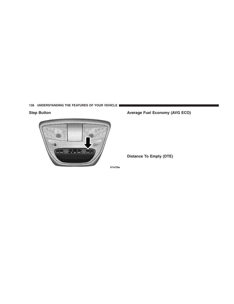 Step button, Average fuel economy (avg eco), Distance to empty (dte) | Dodge 2005 Durango User Manual | Page 138 / 416