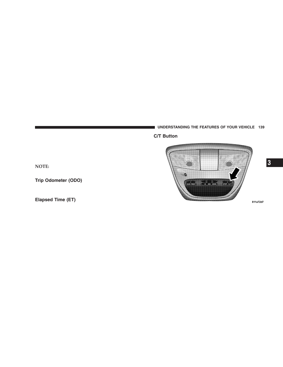 Trip odometer (odo), Elapsed time (et), C/t button | Dodge 2005 Durango User Manual | Page 139 / 416