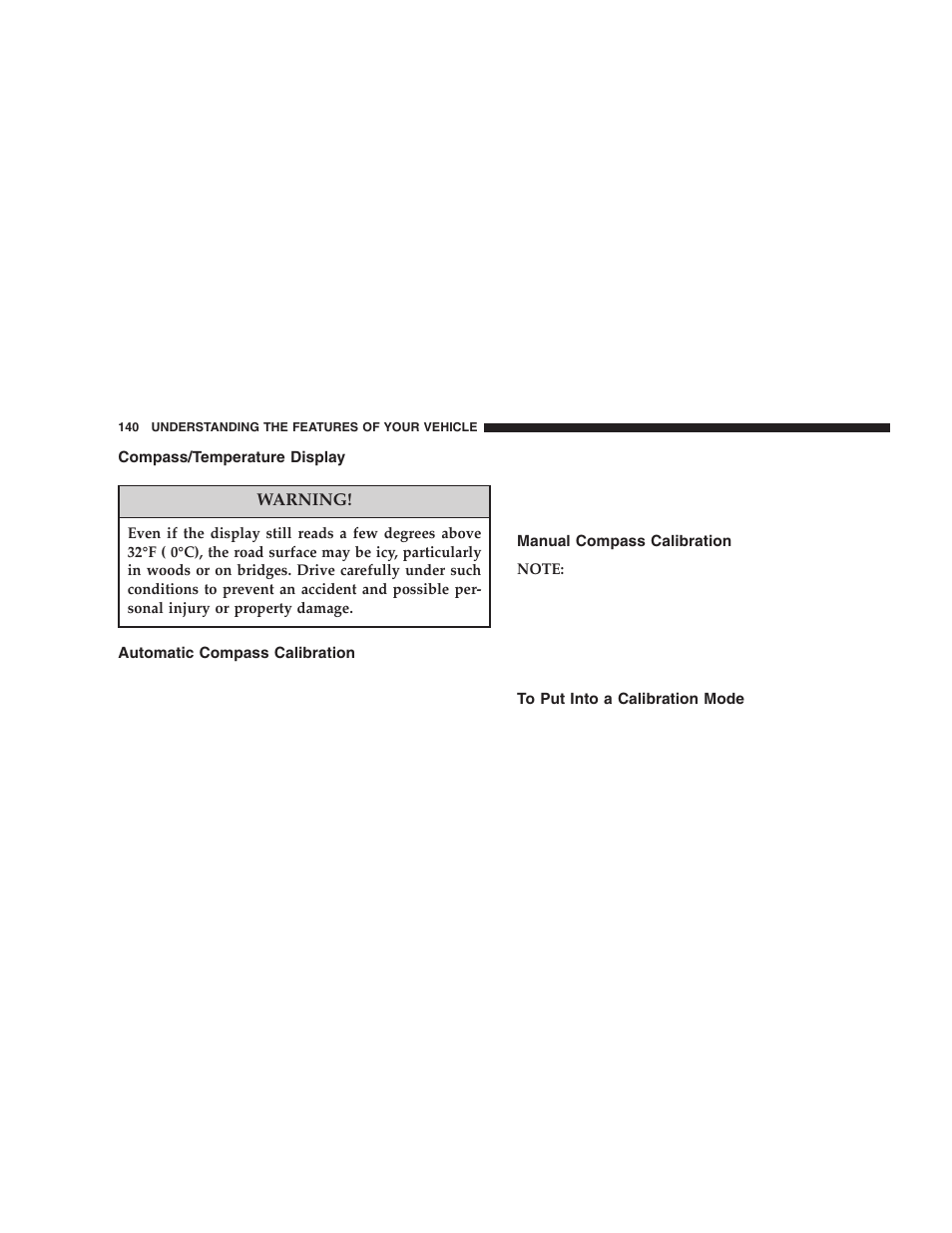 Compass/temperature display, Automatic compass calibration, Manual compass calibration | To put into a calibration mode | Dodge 2005 Durango User Manual | Page 140 / 416