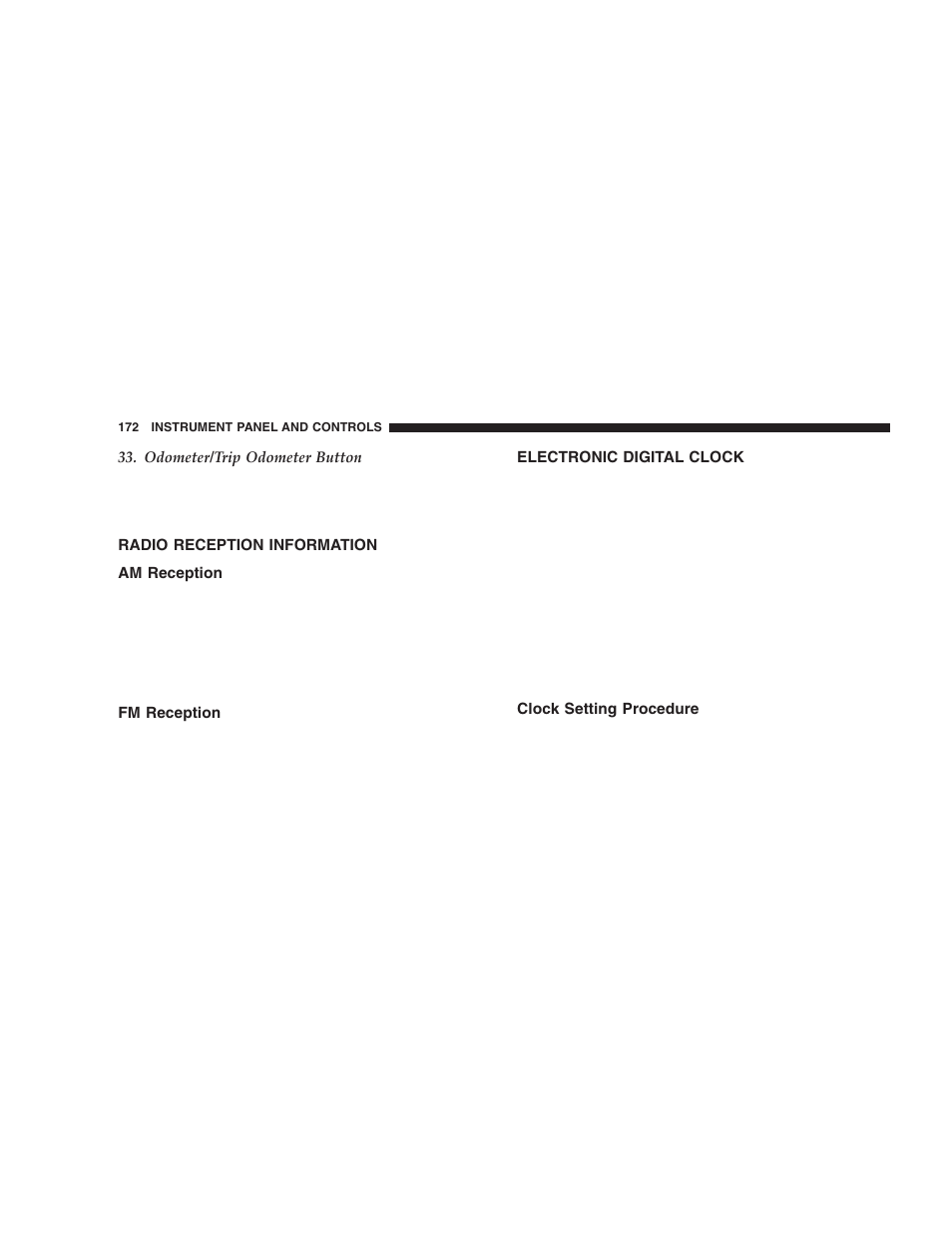 Radio reception information, Am reception, Fm reception | Electronic digital clock, Clock setting procedure | Dodge 2005 Durango User Manual | Page 172 / 416