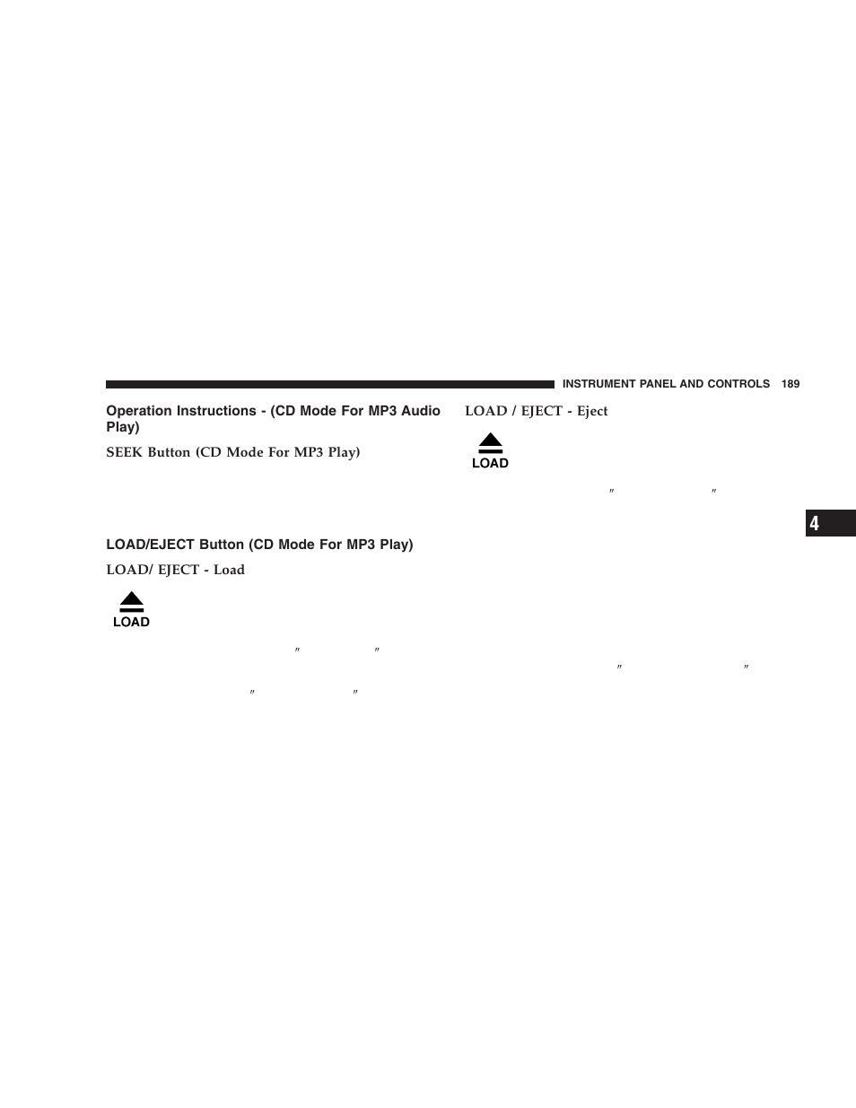 Operation instructions - (cd mode for mp3, Audio play), Load/eject button (cd mode for mp3 play) | Dodge 2005 Durango User Manual | Page 189 / 416