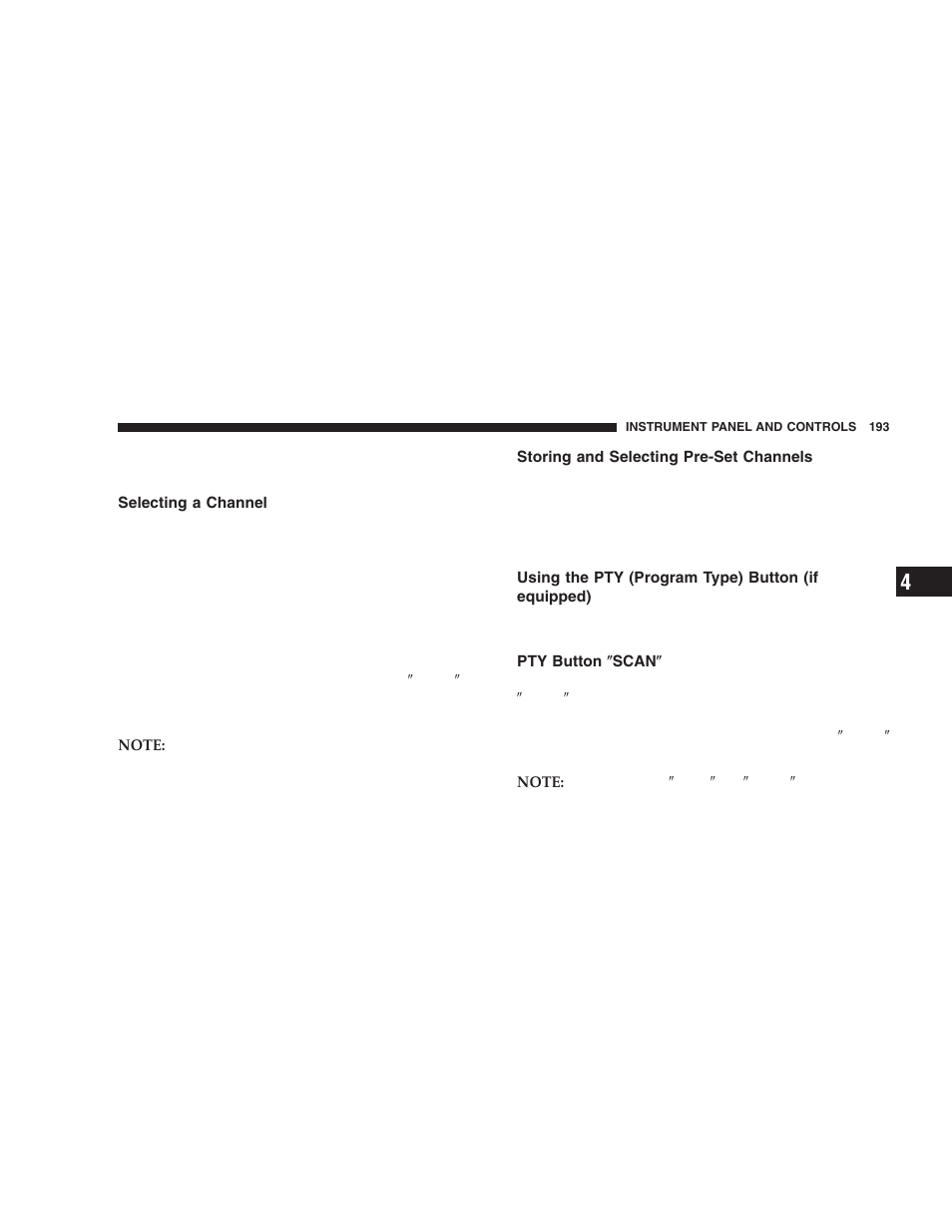 Selecting a channel, Storing and selecting pre-set channels, Using the pty (program type) button (if | Equipped), Pty button љscanљ | Dodge 2005 Durango User Manual | Page 193 / 416