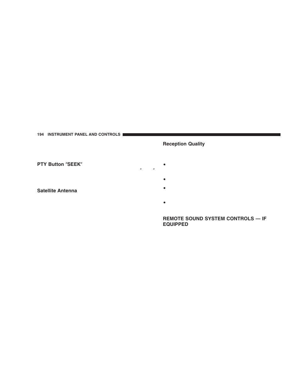 Pty button љseekљ, Satellite antenna, Reception quality | Remote sound system controls — if equipped | Dodge 2005 Durango User Manual | Page 194 / 416