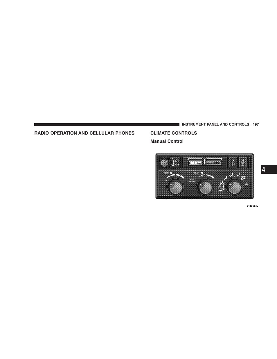 Radio operation and cellular phones, Climate controls, Manual control | Dodge 2005 Durango User Manual | Page 197 / 416