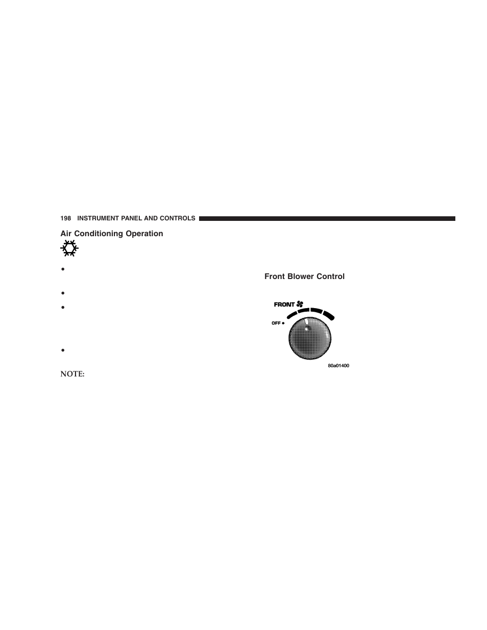Air conditioning operation, Front blower control | Dodge 2005 Durango User Manual | Page 198 / 416