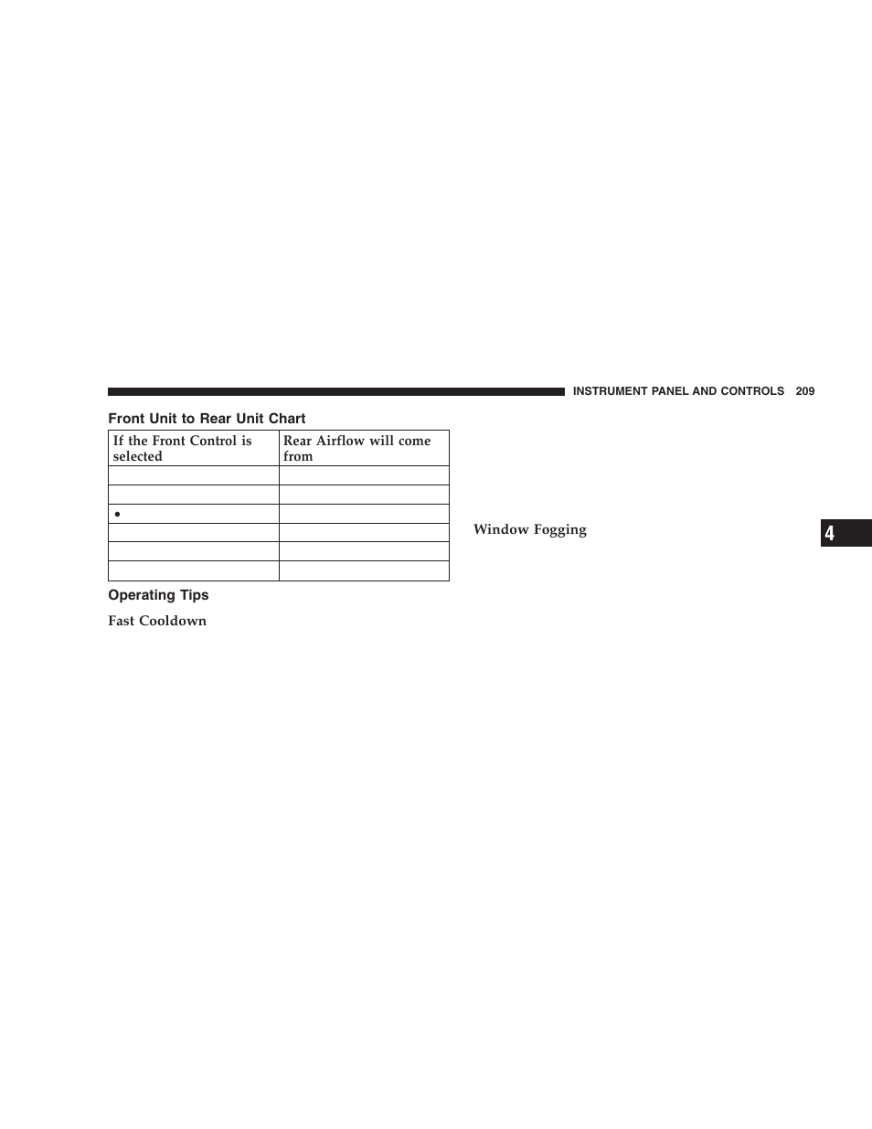 Front unit to rear unit chart, Operating tips | Dodge 2005 Durango User Manual | Page 209 / 416