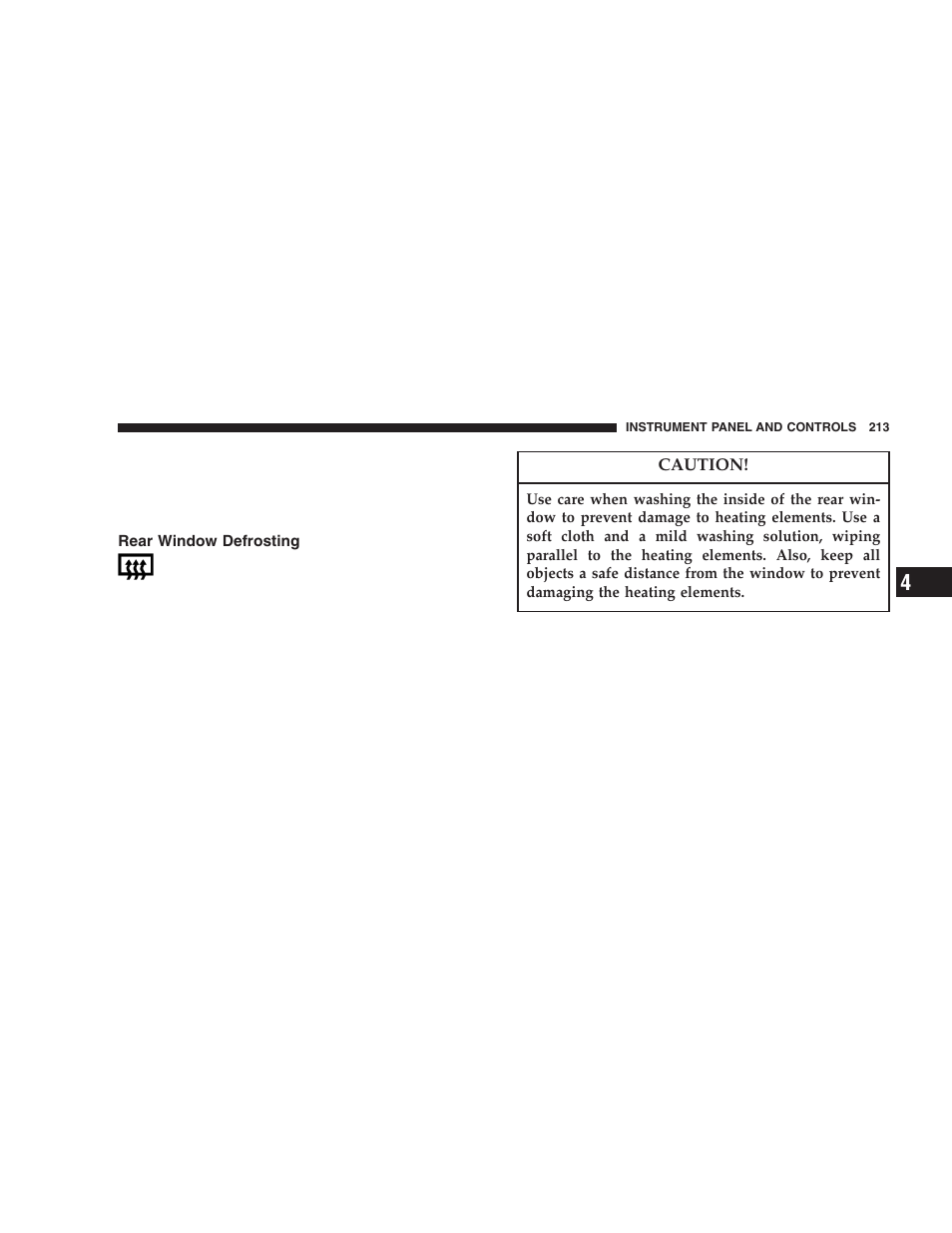 Rear window defrosting | Dodge 2005 Durango User Manual | Page 213 / 416