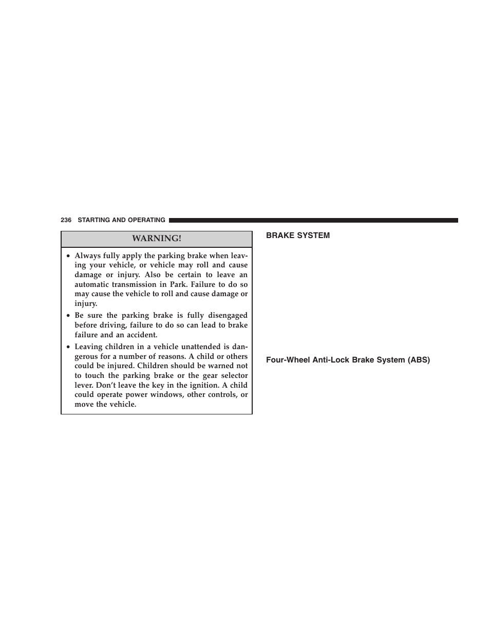 Brake system, Four-wheel anti-lock brake system (abs) | Dodge 2005 Durango User Manual | Page 236 / 416